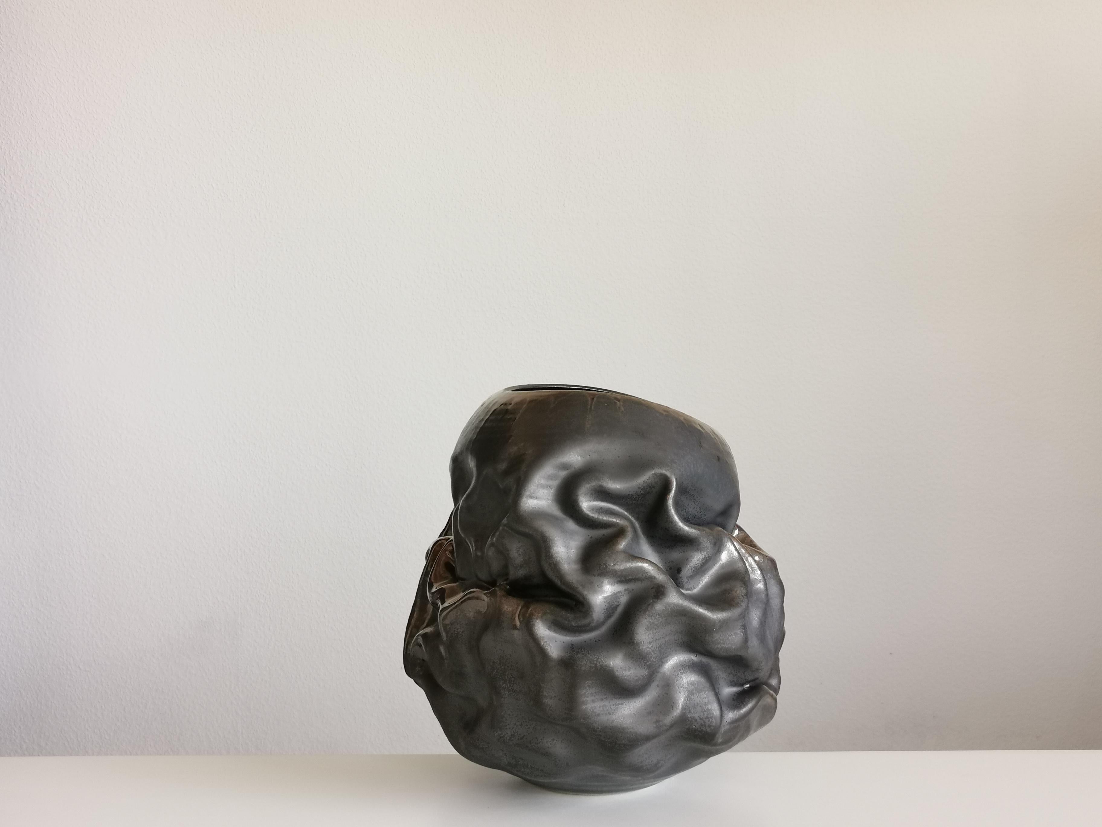 Spanish Black Metallic Oval Dehydrated Form, Vase, Interior Sculpture or Vessel, Objet D For Sale