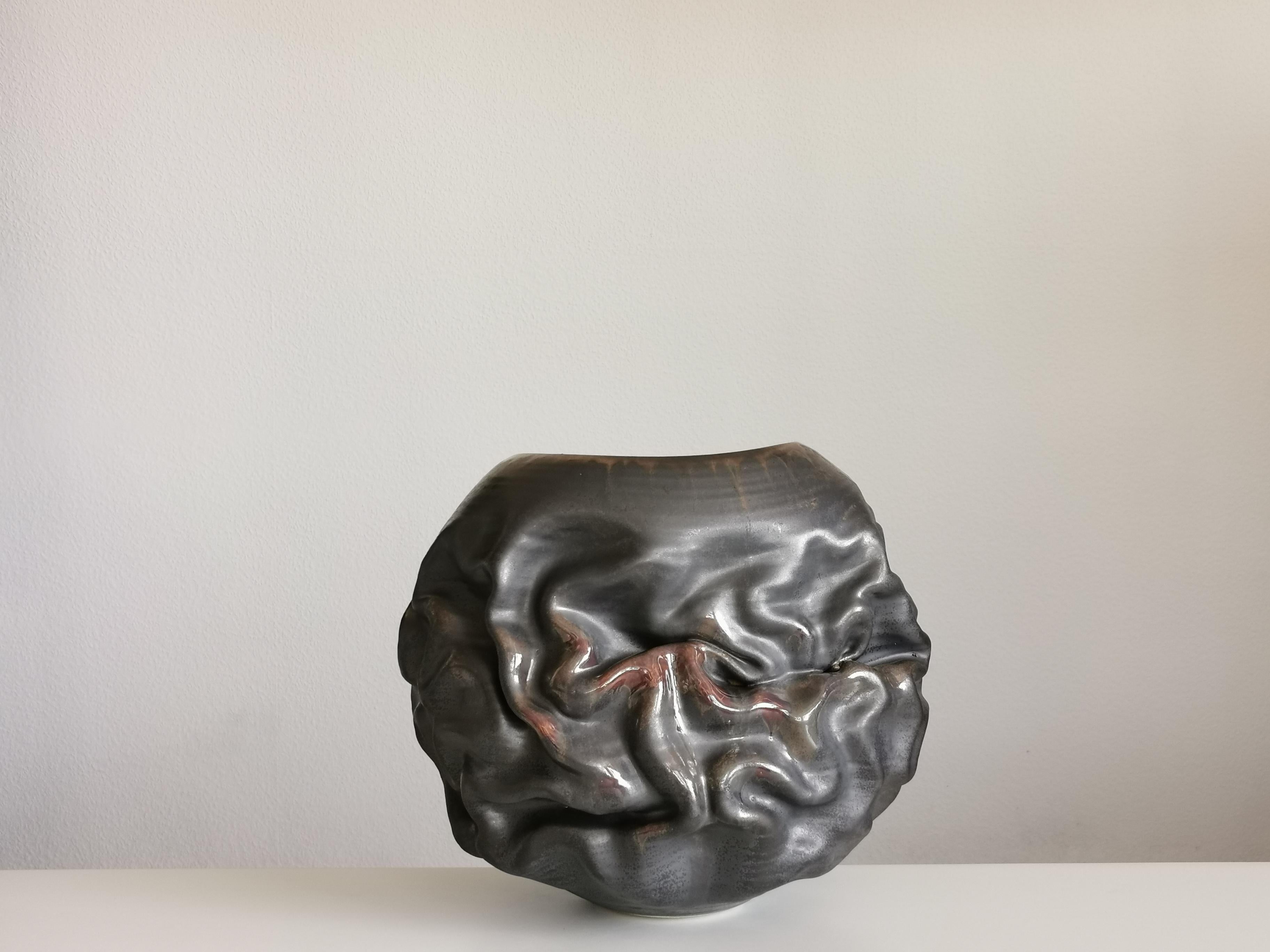 Ceramic Black Metallic Oval Dehydrated Form, Vase, Interior Sculpture or Vessel, Objet D For Sale