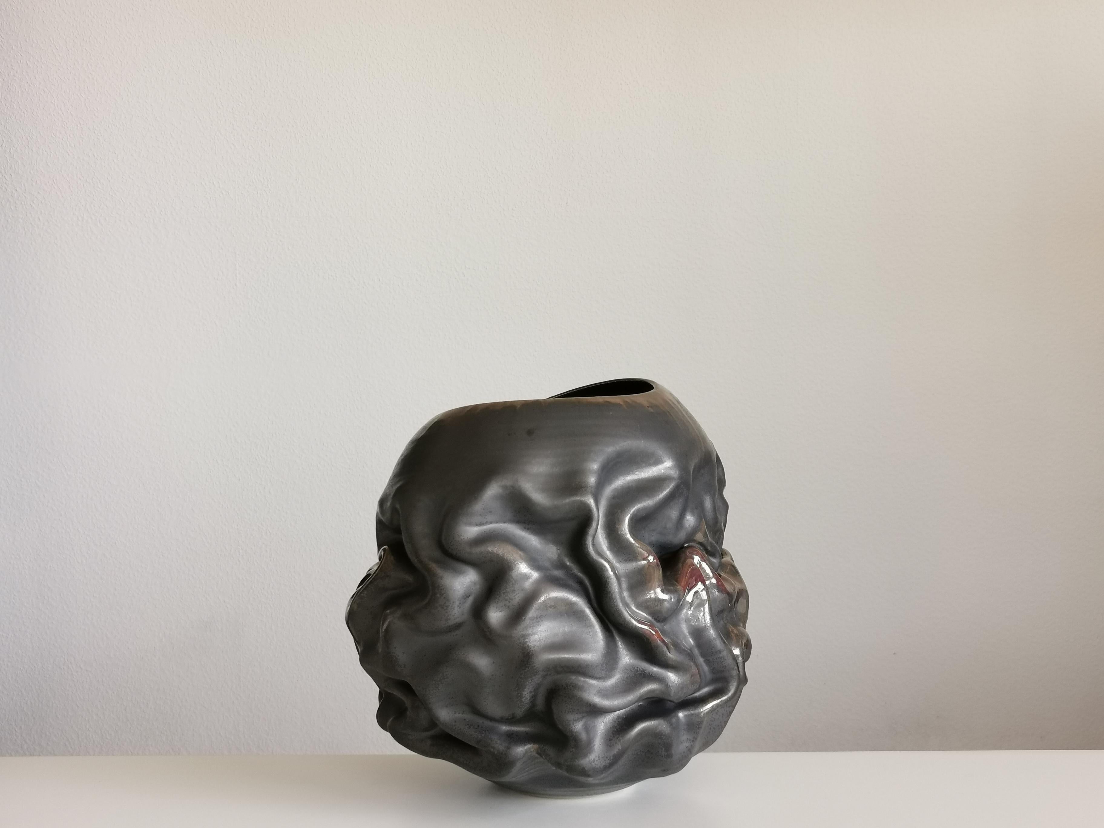 Black Metallic Oval Dehydrated Form, Vase, Interior Sculpture or Vessel, Objet D For Sale 2