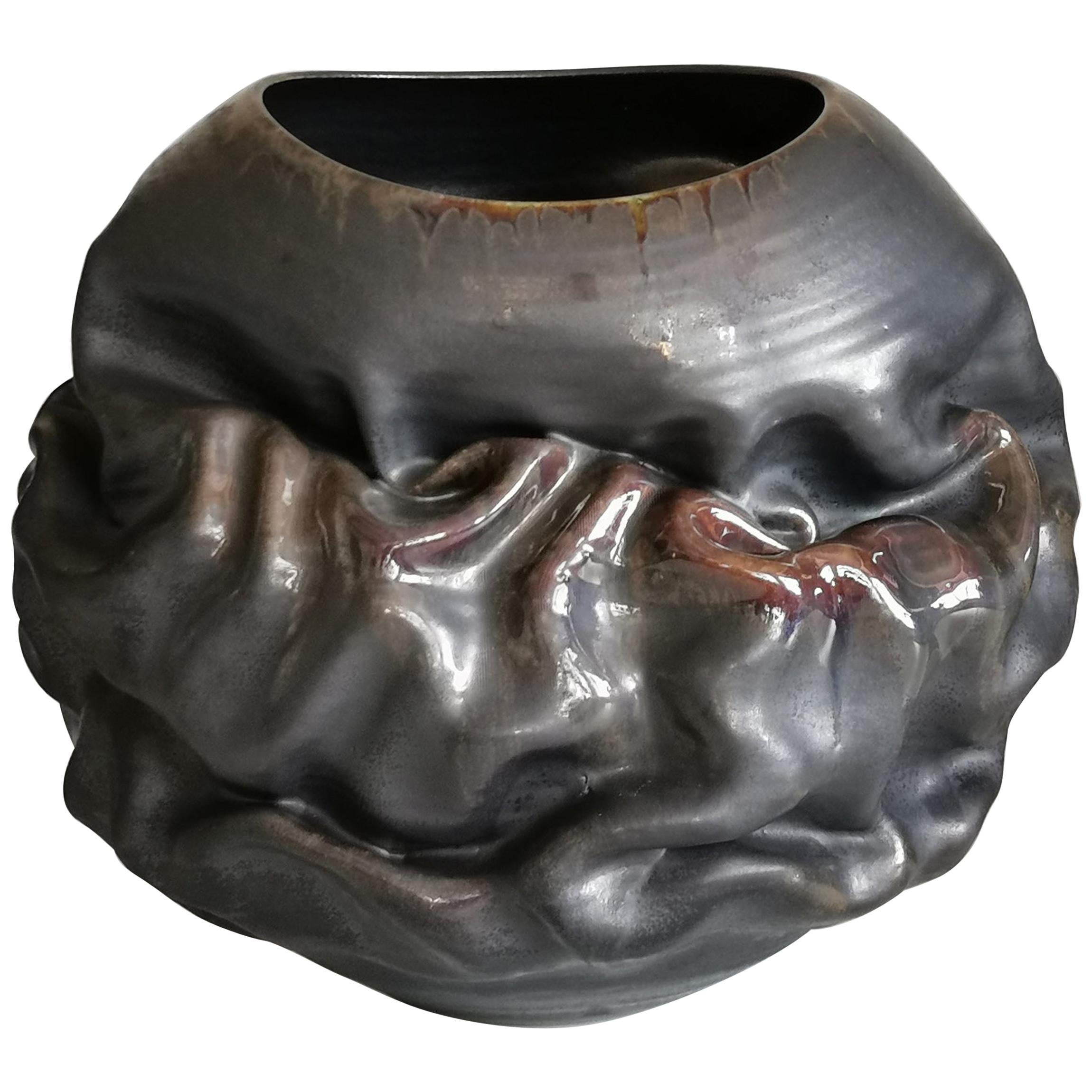 Forme ovale déshydratée en métal noir, Vase, Sculpture intérieure ou Vaisseau, Objet D