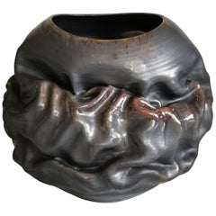 Black Metallic Oval Dehydrated Form, Vase, Interior Sculpture or Vessel, Objet D