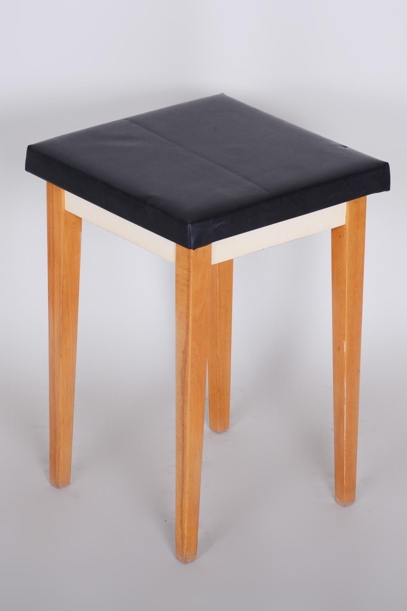 Czech Black Midcentury Beech Stool, 1950s, Original Preserved Condition For Sale