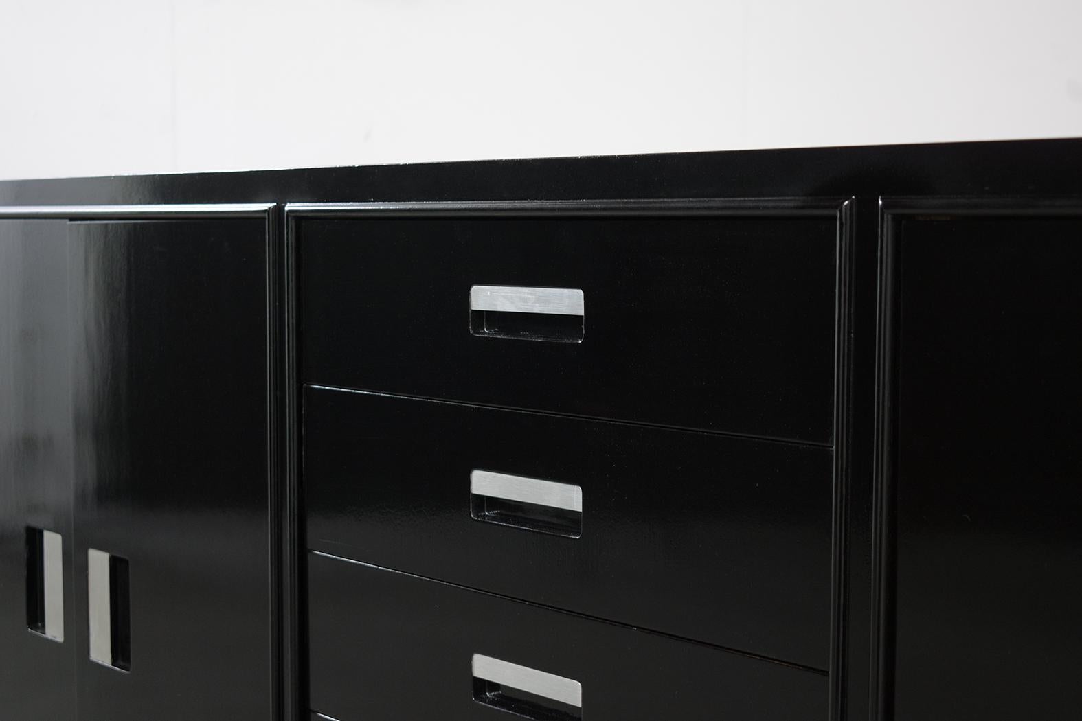 Lacquered Restored 1970s Vintage Modern Mahogany Sideboard with Black Ebonized Finish For Sale