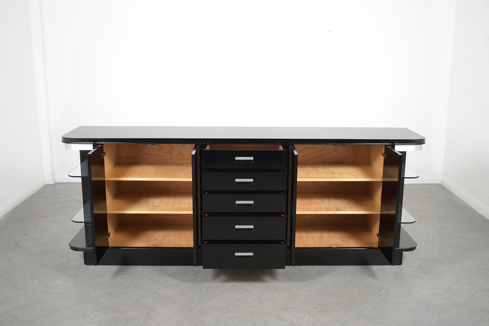 Mid-20th Century Restored 1970s Vintage Modern Mahogany Sideboard with Black Ebonized Finish For Sale