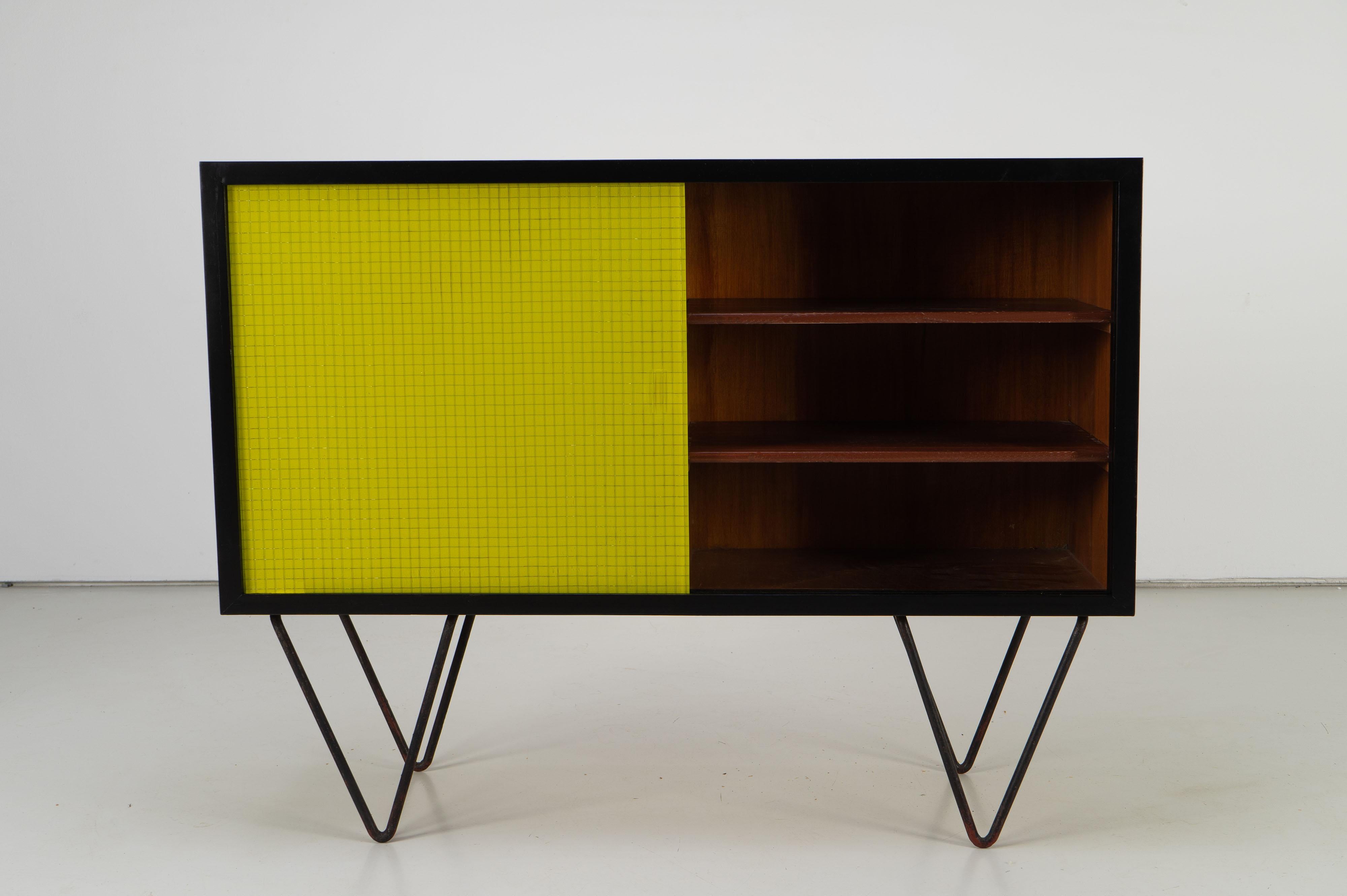 Black Mid-Century Modern Sideboard with Yellow Glass Doors, 1950s 2