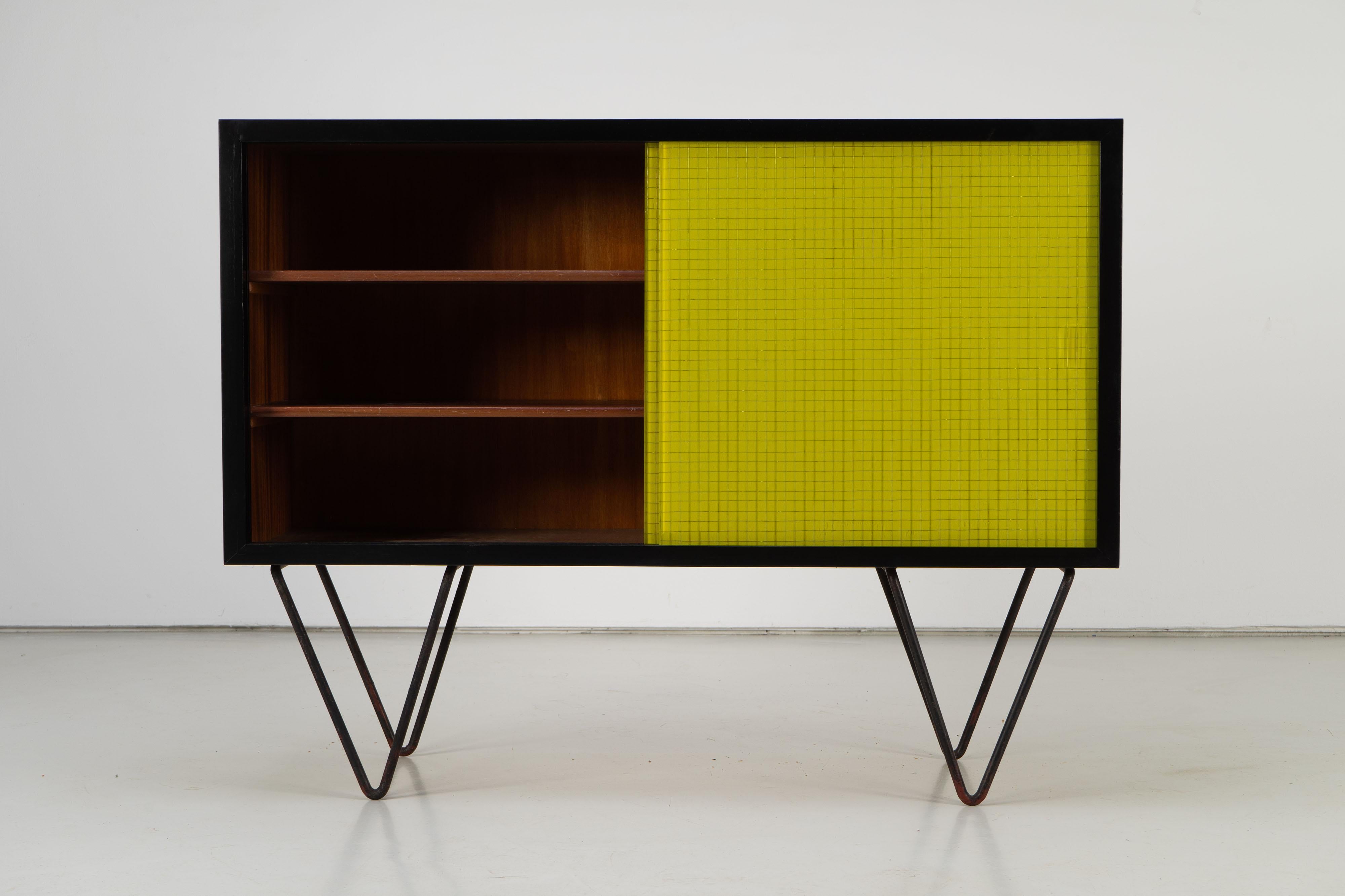 Black Mid-Century Modern Sideboard with Yellow Glass Doors, 1950s 3