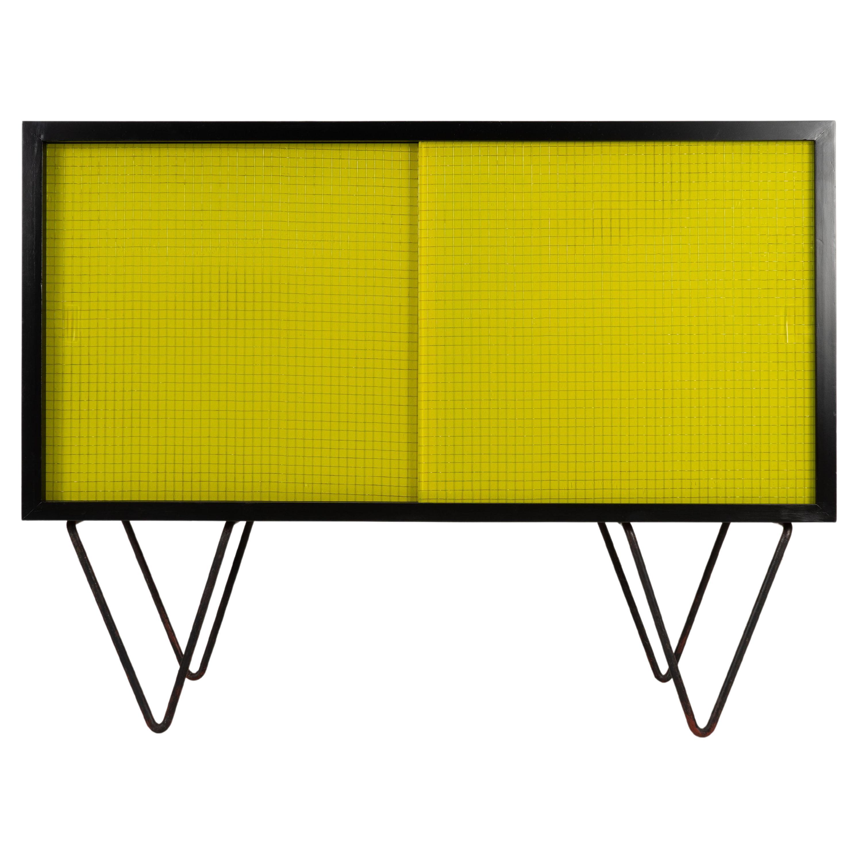 Black Mid-Century Modern Sideboard with Yellow Glass Doors, 1950s