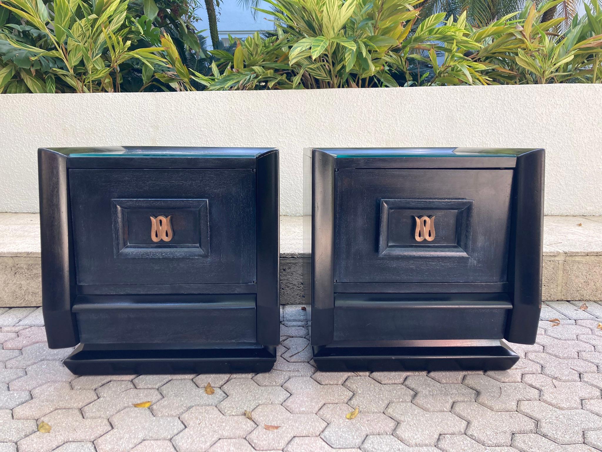 Pair of ebonized 1940s nightstands in the style of James Mont.