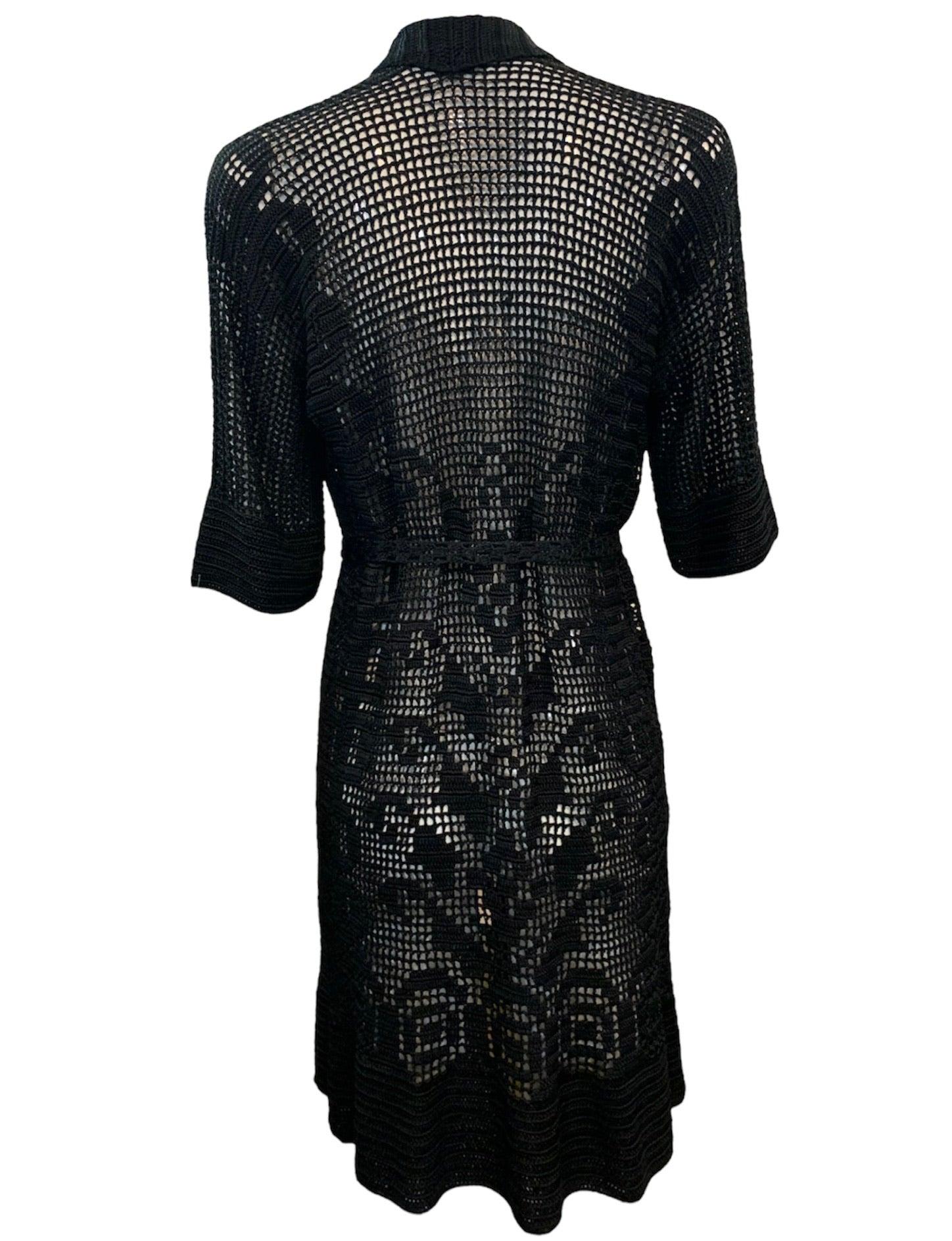 Black Mid Length Hand Crochet Open Front Cardigan, 1920s In Excellent Condition For Sale In Los Angeles, CA