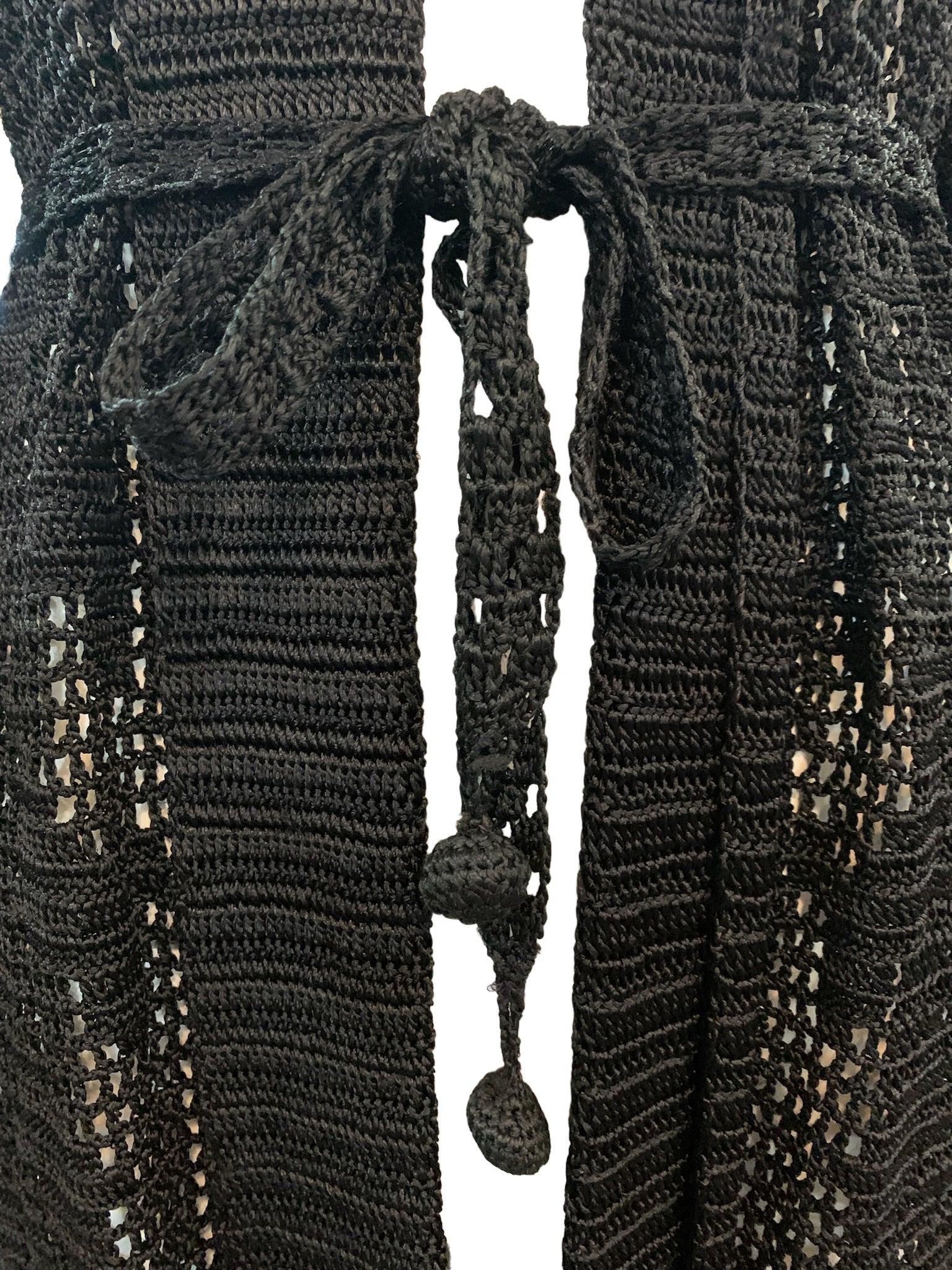 Women's Black Mid Length Hand Crochet Open Front Cardigan, 1920s For Sale