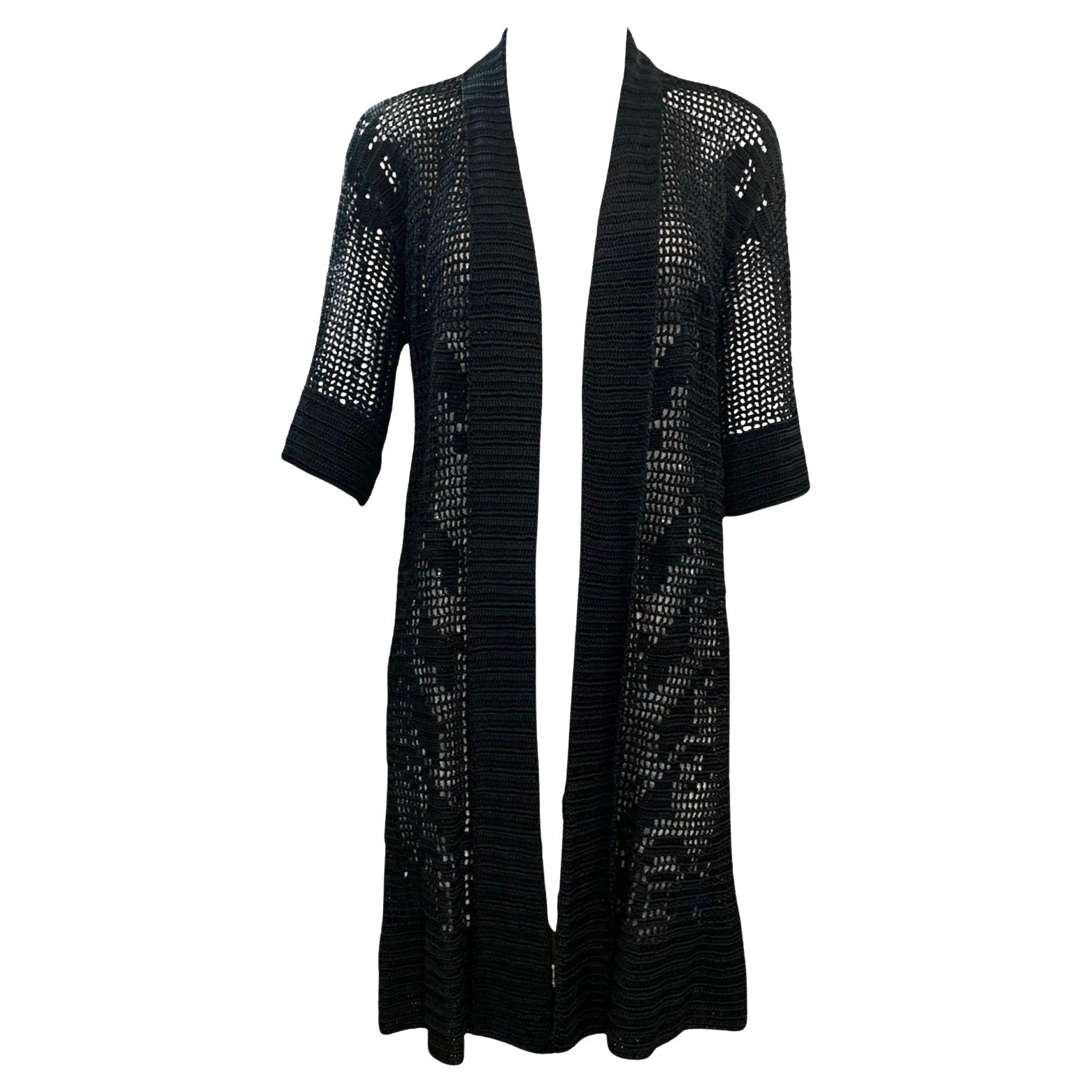 Black Mid Length Hand Crochet Open Front Cardigan, 1920s For Sale