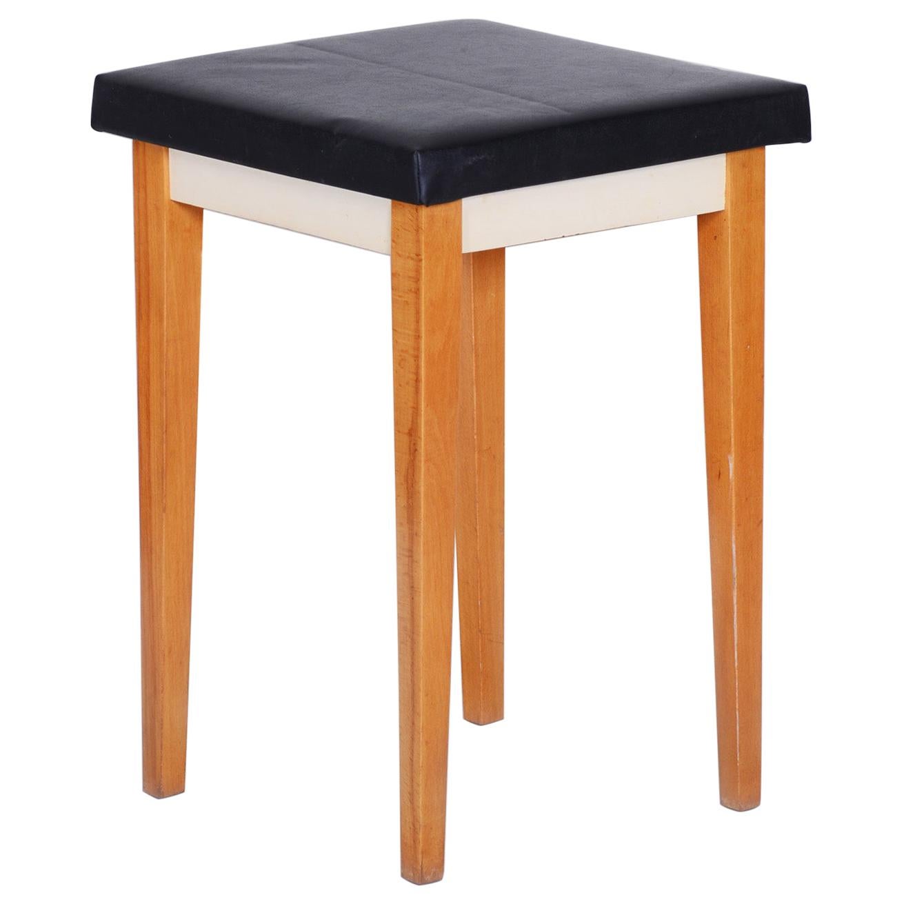 Black Midcentury Beech Stool, 1950s, Original Preserved Condition For Sale