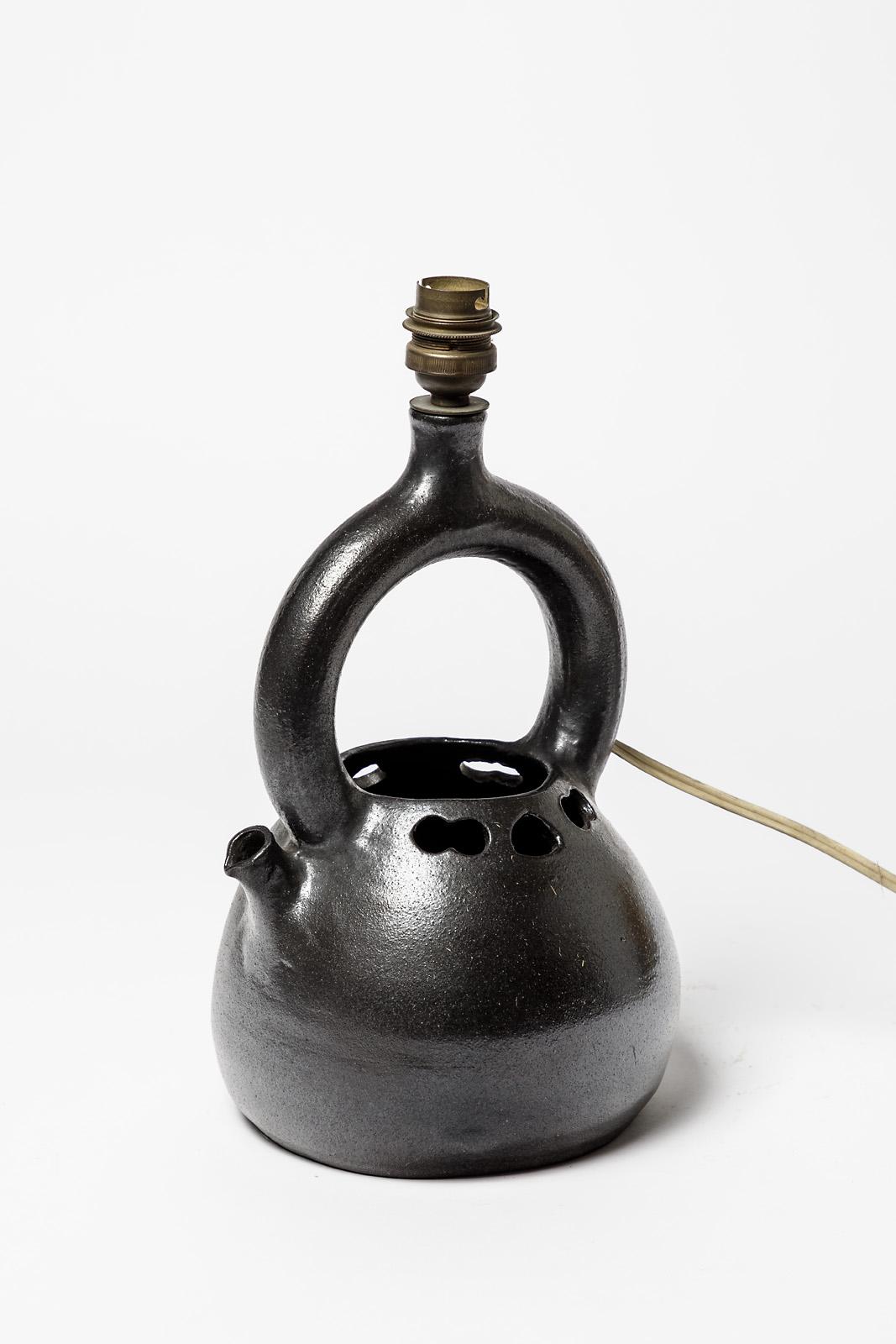 Mid-Century Modern Lampe en céramique noire du milieu du siècle dernier de Norbert Pierlot, design français jouve ratilly en vente