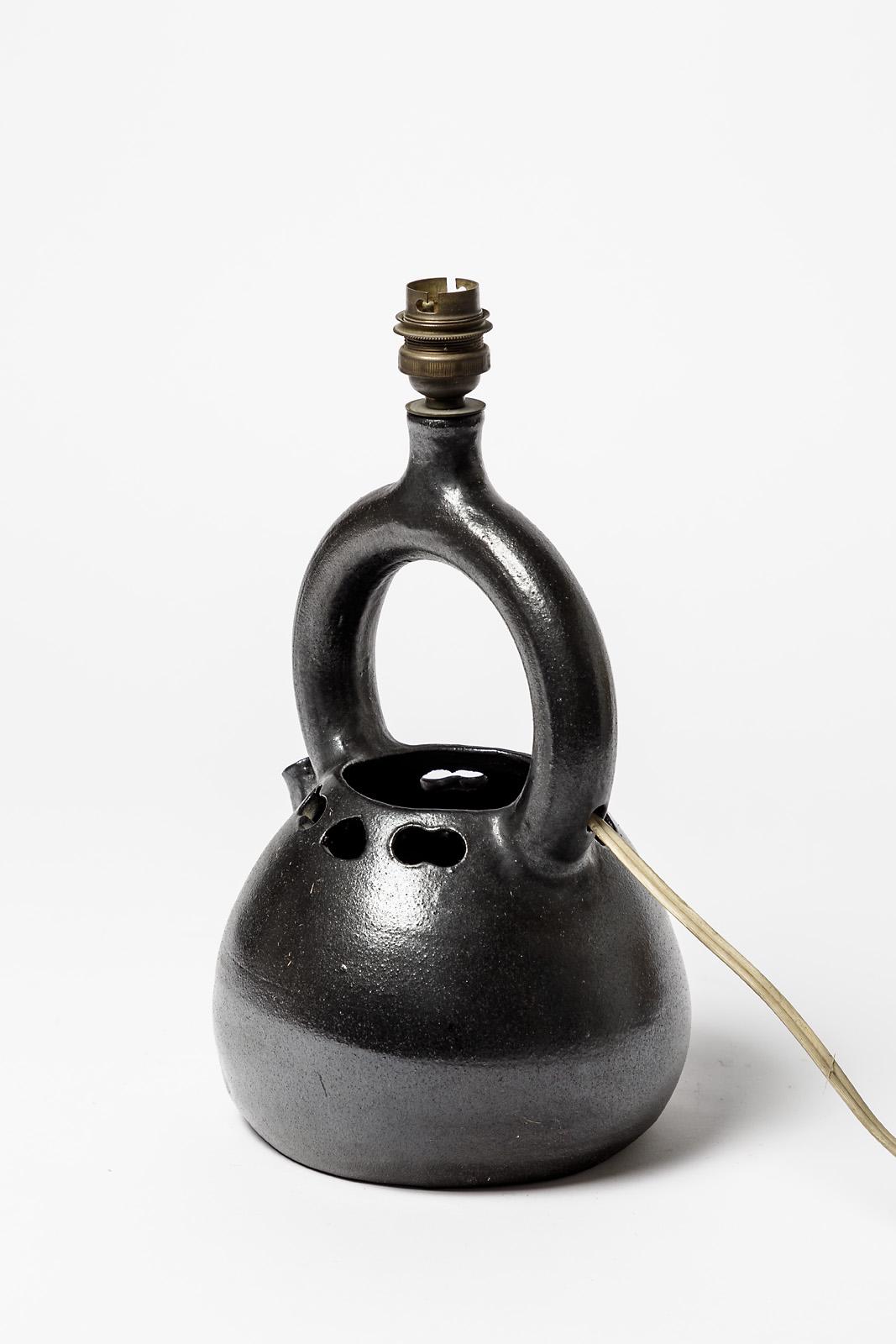 French black midcentury ceramic lamp by Norbert Pierlot french design jouve ratilly For Sale