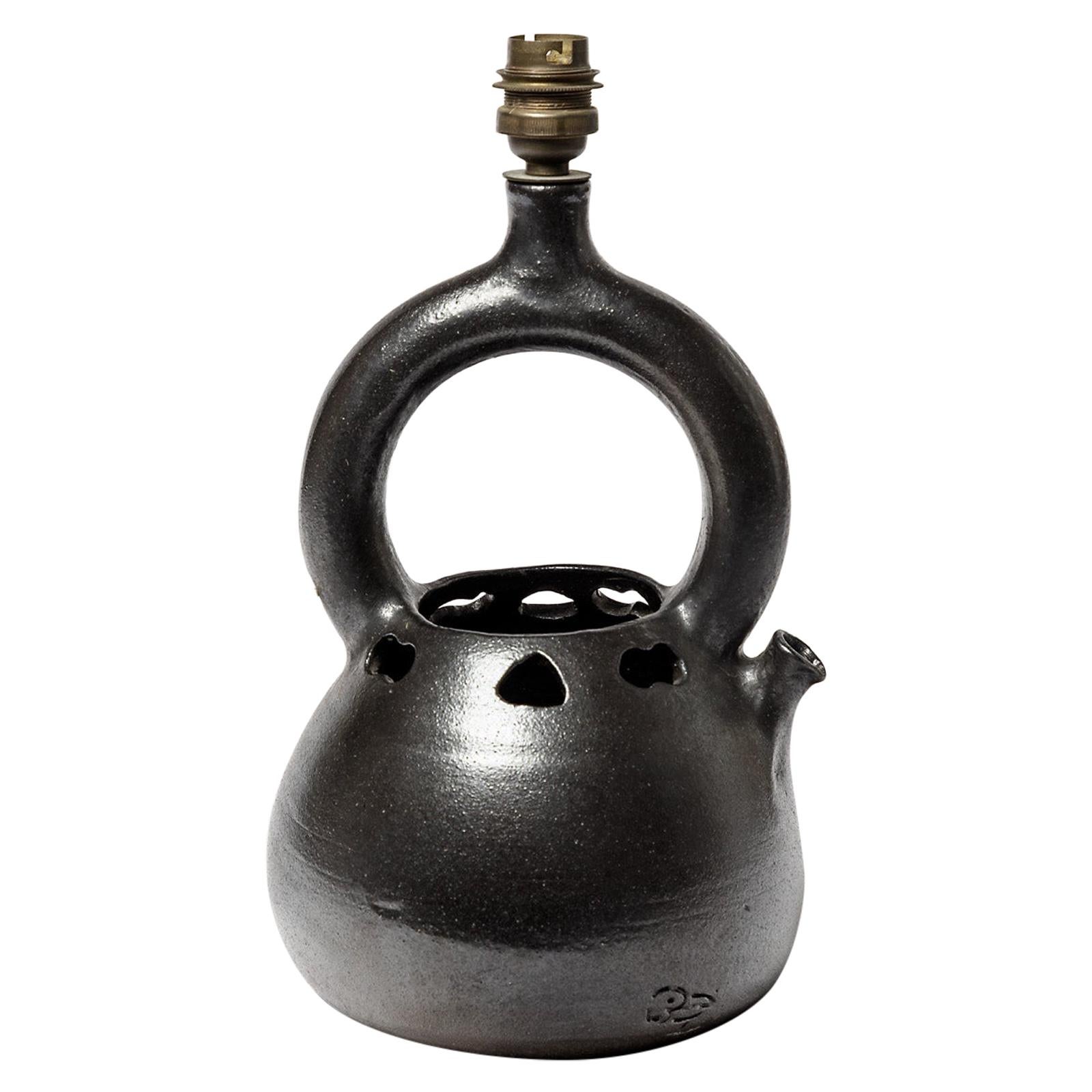 Lampe en céramique noire du milieu du siècle dernier de Norbert Pierlot, design français jouve ratilly