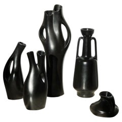 Black Midcentury Stoneware set of 5  "Mangania" Vases by Lillemor Mannerheim