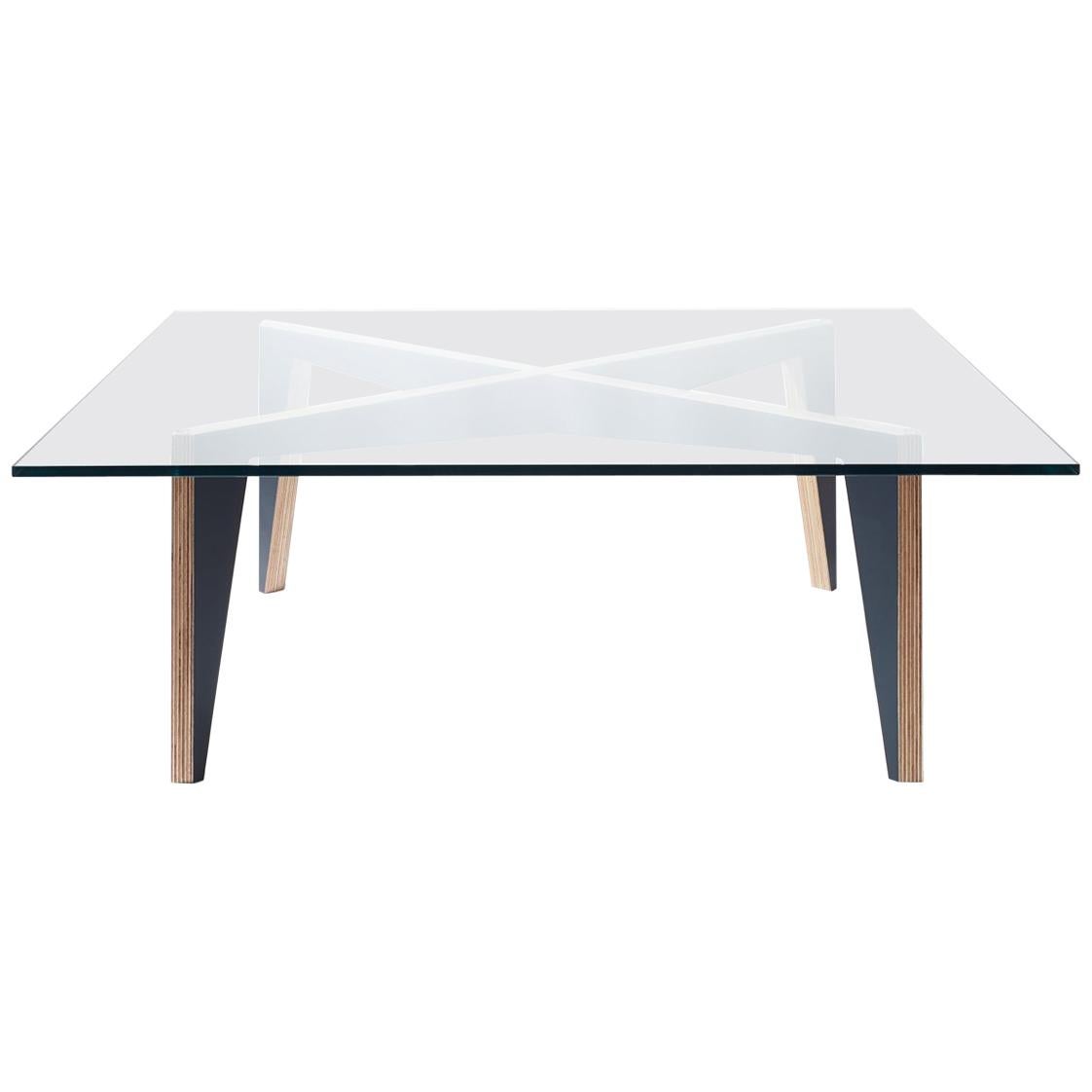 Cross Legs Wood Coffee Table Black with Glass Top by Miduny, Made in Italy