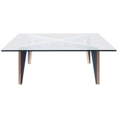 Cross Legs Wood Coffee Table Black with Glass Top by Miduny, Made in Italy