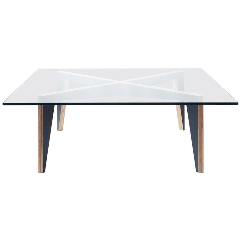 Cross Legs Wood Coffee Table Black with Glass Top by Miduny, Made in Italy For Sale