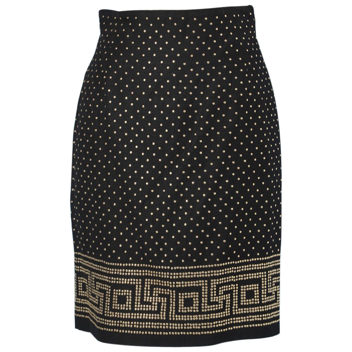 Black mini skirt with gold studs Istante of Versace For Sale