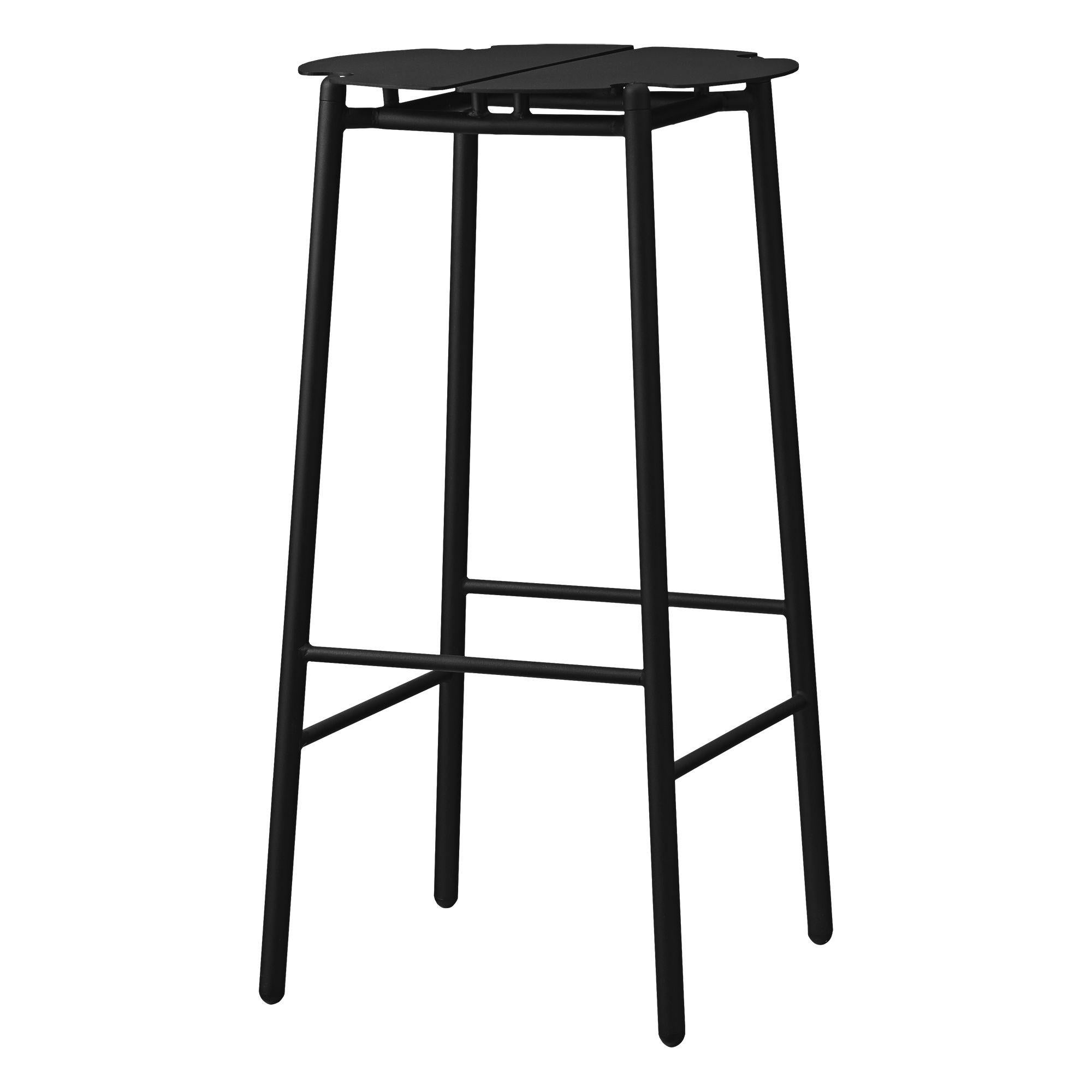 Black Minimalist bar stool 
Dimensions: Diameter 38 x H 75 cm 
Materials: Steel w. Matte Powder Coating & Aluminum w. Matte Powder Coating.
Available in colors: Taupe, Bordeaux, Forest, Ginger Bread, Black and, Black and Gold. 

Create a cozy