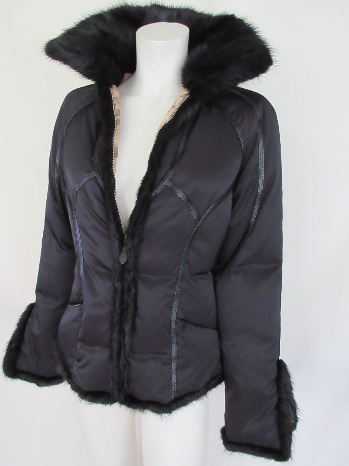 We offer more exclusive items, view our frontstore

This down filled jacket has a faux leopard print lining, 2 zipper pockets, zipper closing at the front and zipper closing at the sleeves.
The collar and the trim is black mink, not