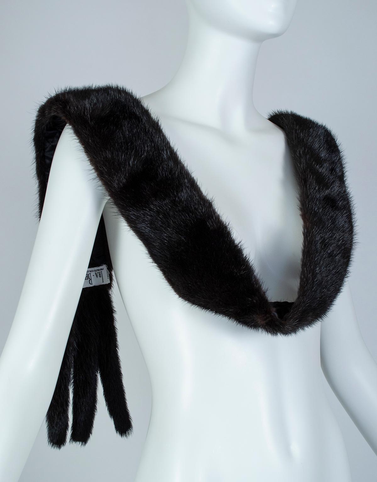 Ira Berg - Écharpe ou ceinture Boa en fourrure de vison noire et soie à franges - 162,5 cm, années 1950 Excellent état - En vente à Tucson, AZ