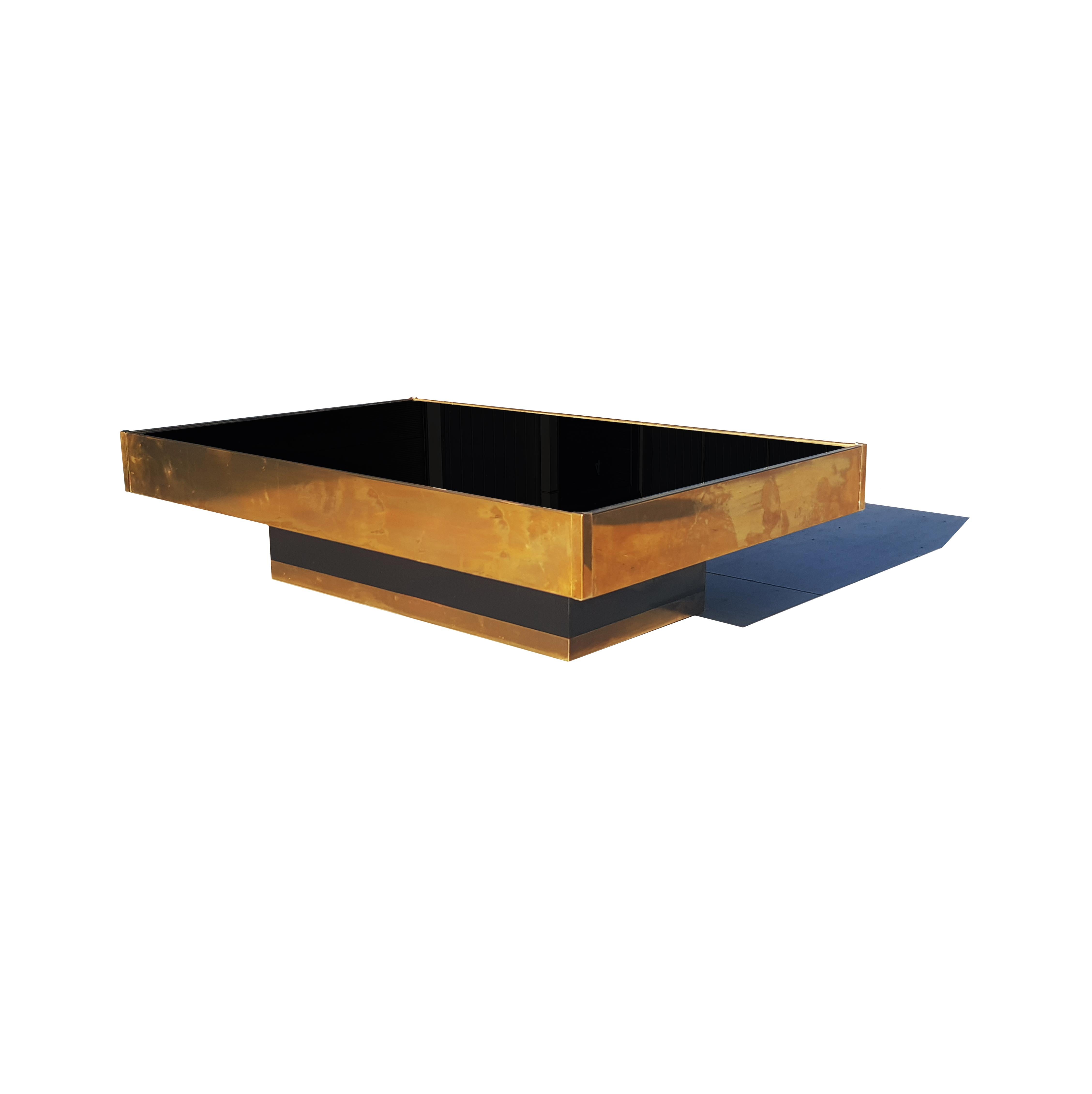 Hollywood Regency Black Mirror and Brass Coffee Table by Willy Rizzo