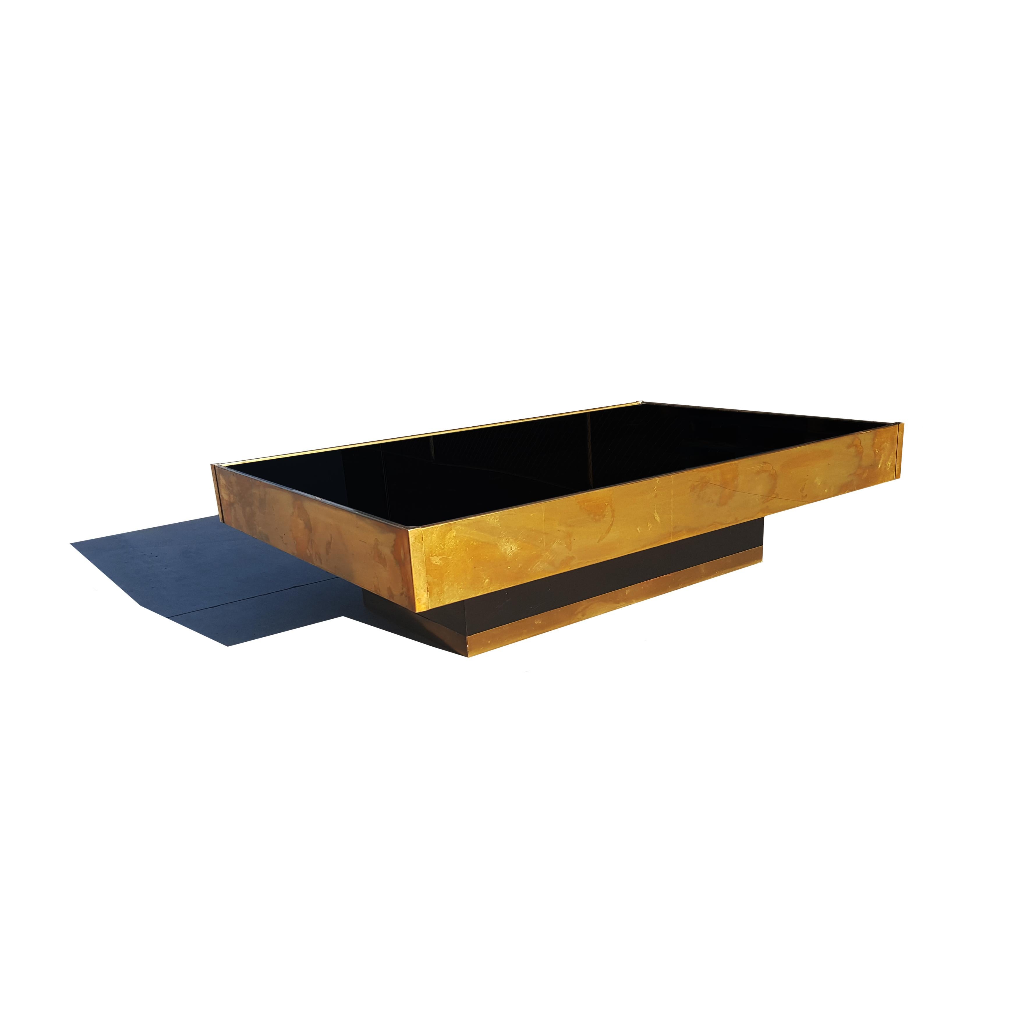 Italian Black Mirror and Brass Coffee Table by Willy Rizzo