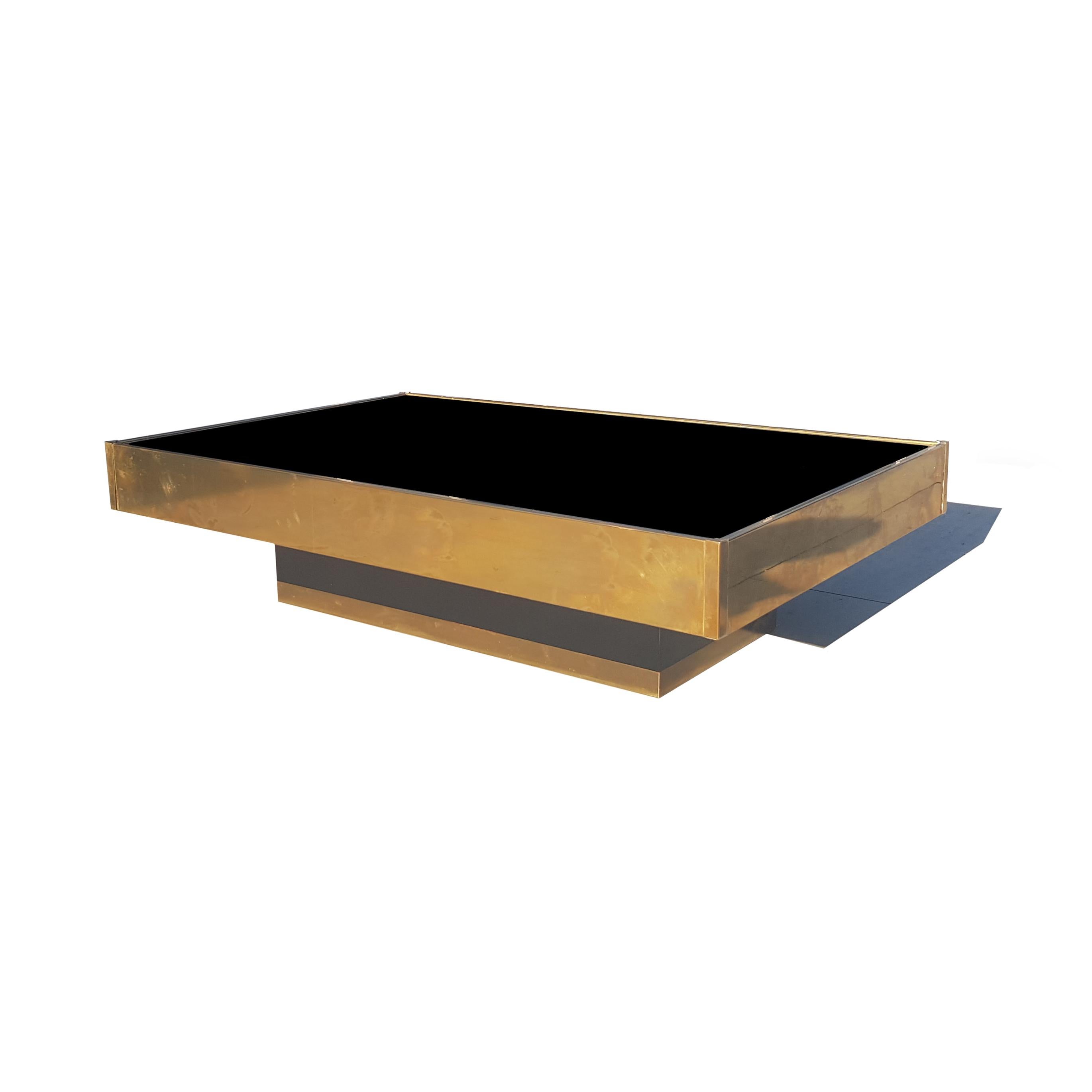 Black Mirror and Brass Coffee Table by Willy Rizzo