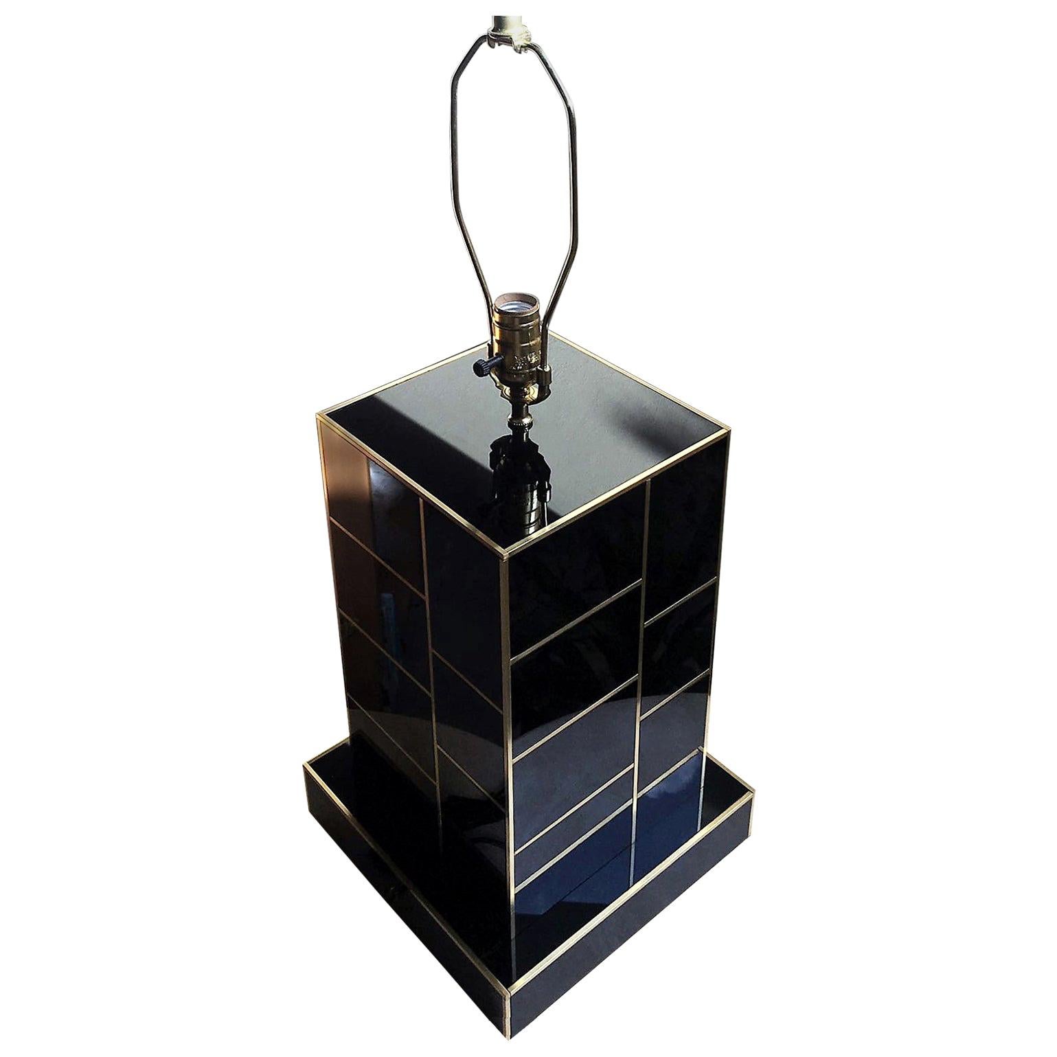 Black Mirrored and Brass Table Lamp For Sale