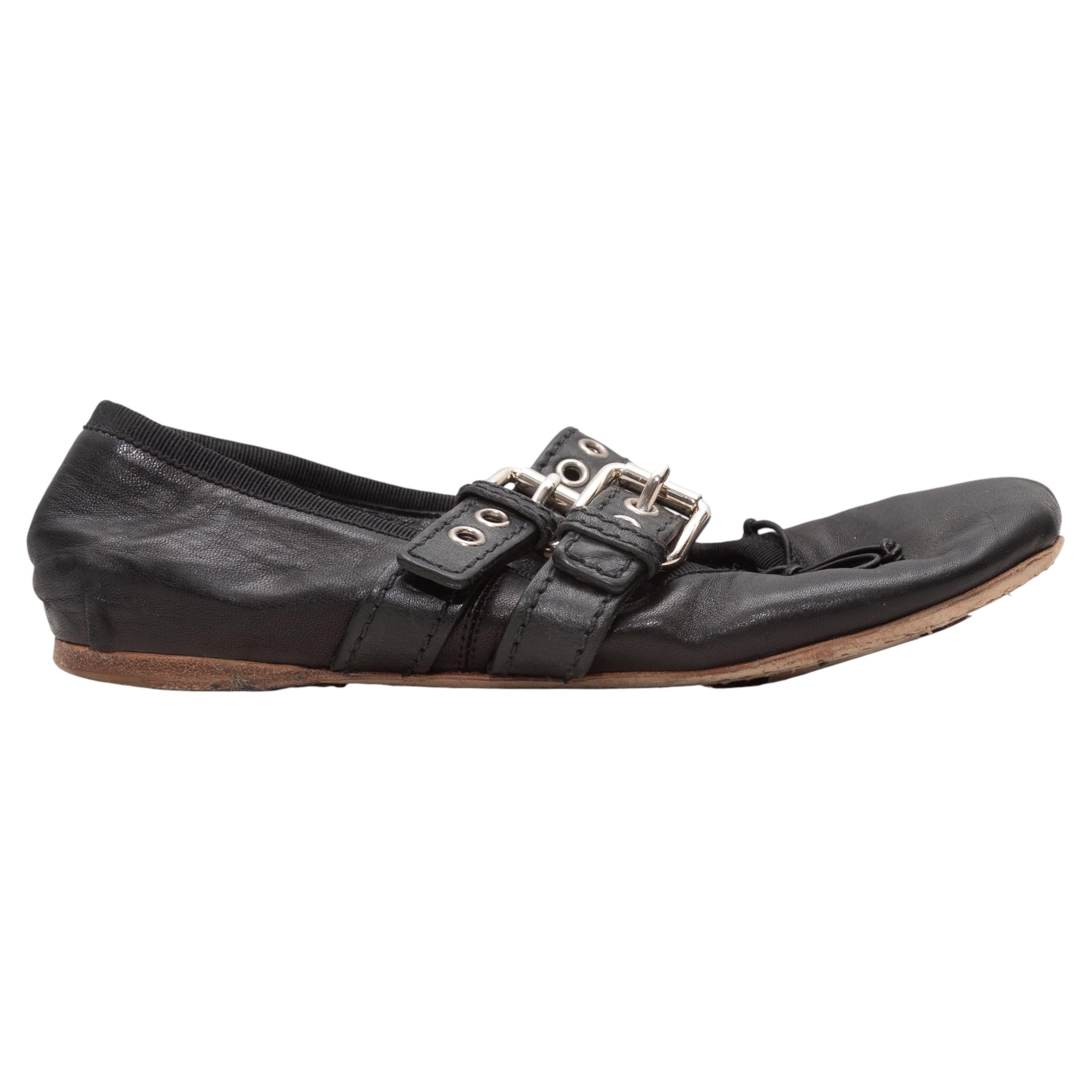 Black Miu Miu Double Buckle Leather Ballet Flats 36.5
