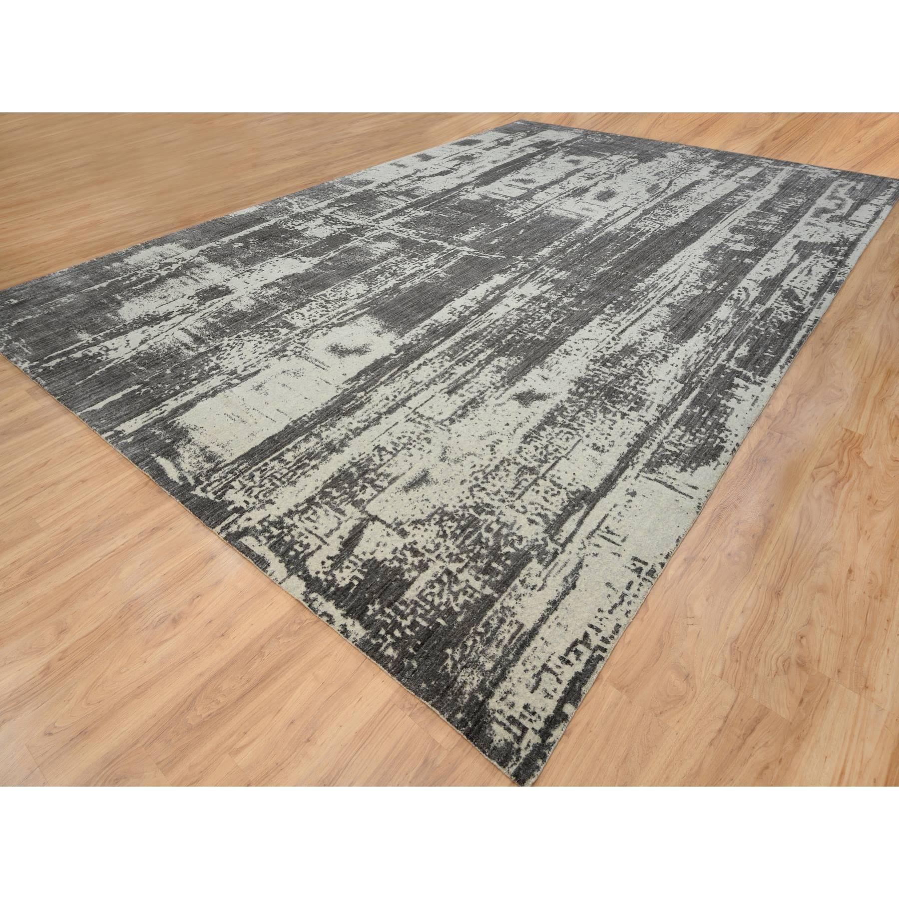 Indiano Tappeto nero di design moderno in lana e seta lavorato a mano e di grandi dimensioni, 12'0