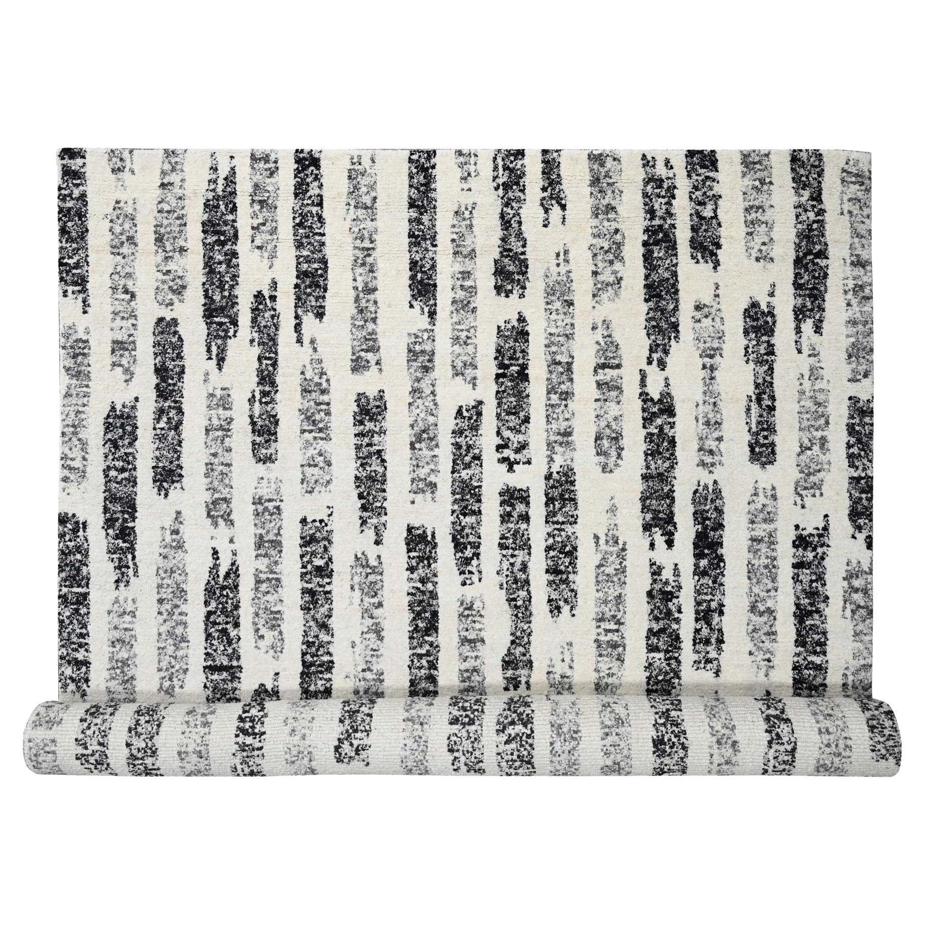 Black Modern Erased Column Design Wool Hand Knotted Oversized Rugs 12'0" x 17'9"