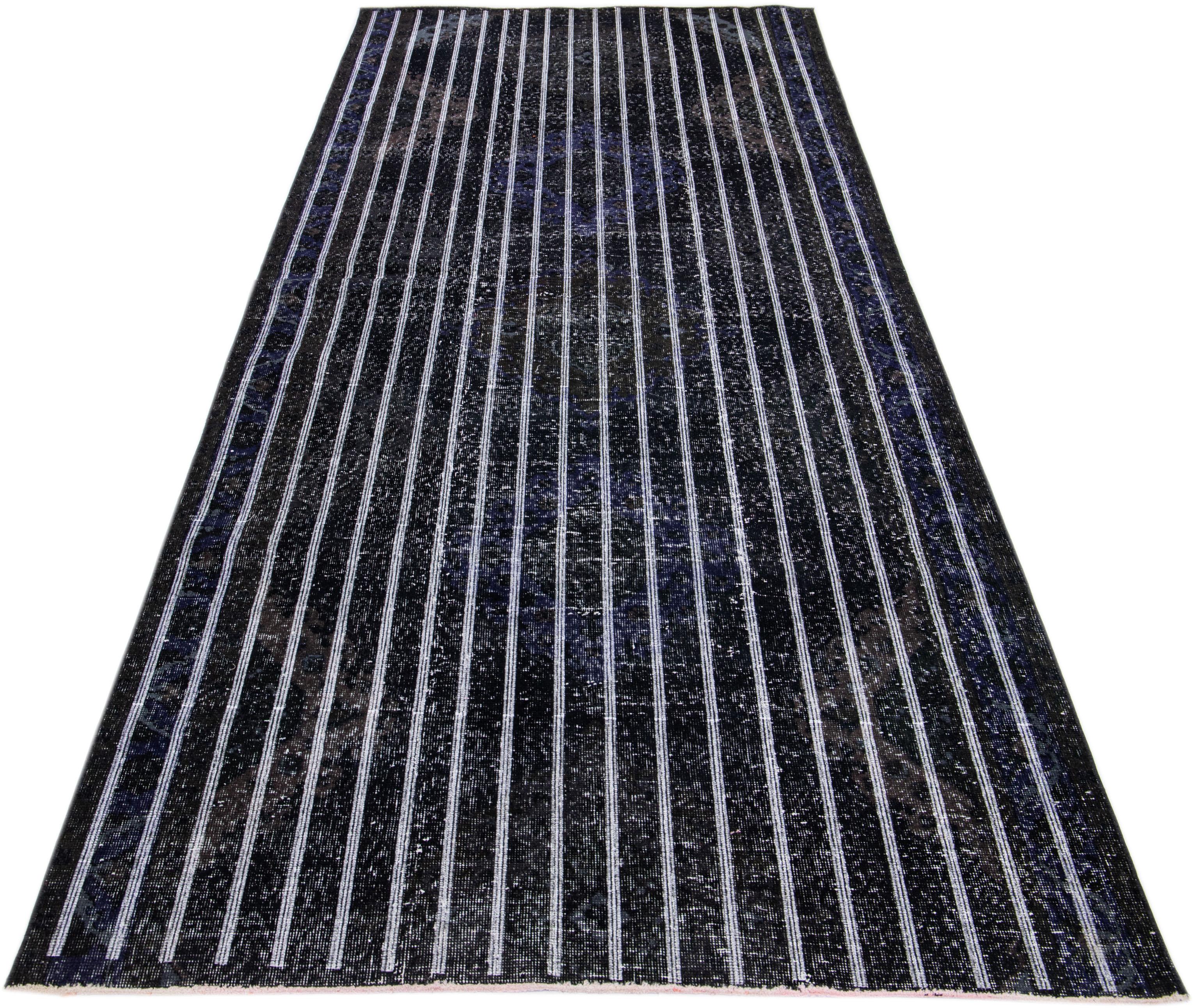 Hand-Knotted Black Modern Indian Handmade Stripe Pattern Wool Runner For Sale