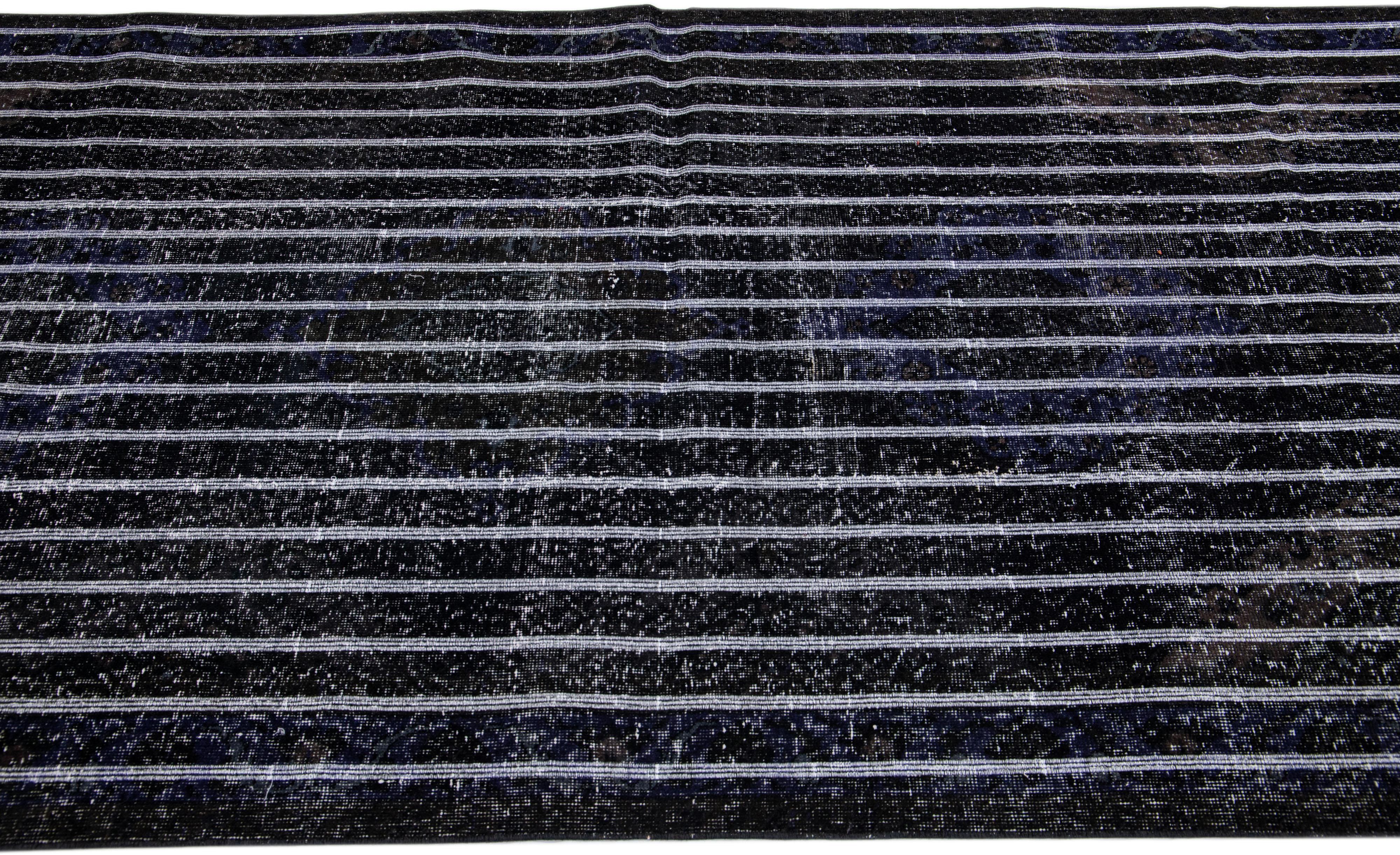 Contemporary Black Modern Indian Handmade Stripe Pattern Wool Runner For Sale