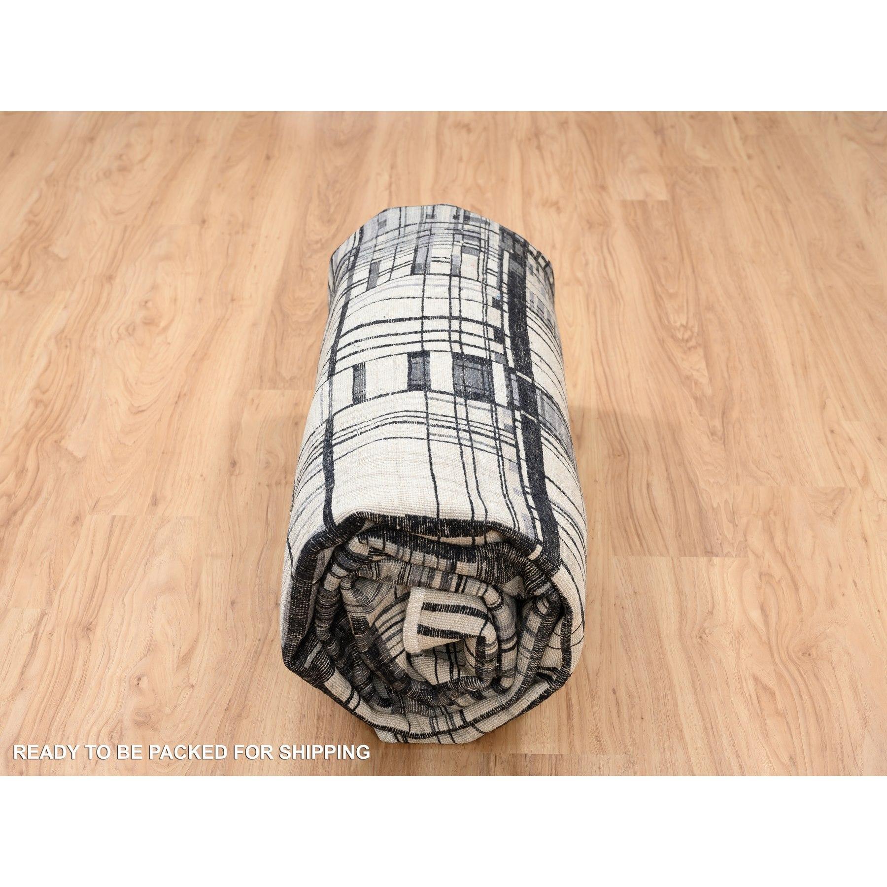 Black Modern Lines Design Ghazni Wool Hand Knotted Oriental Rugs 8'2