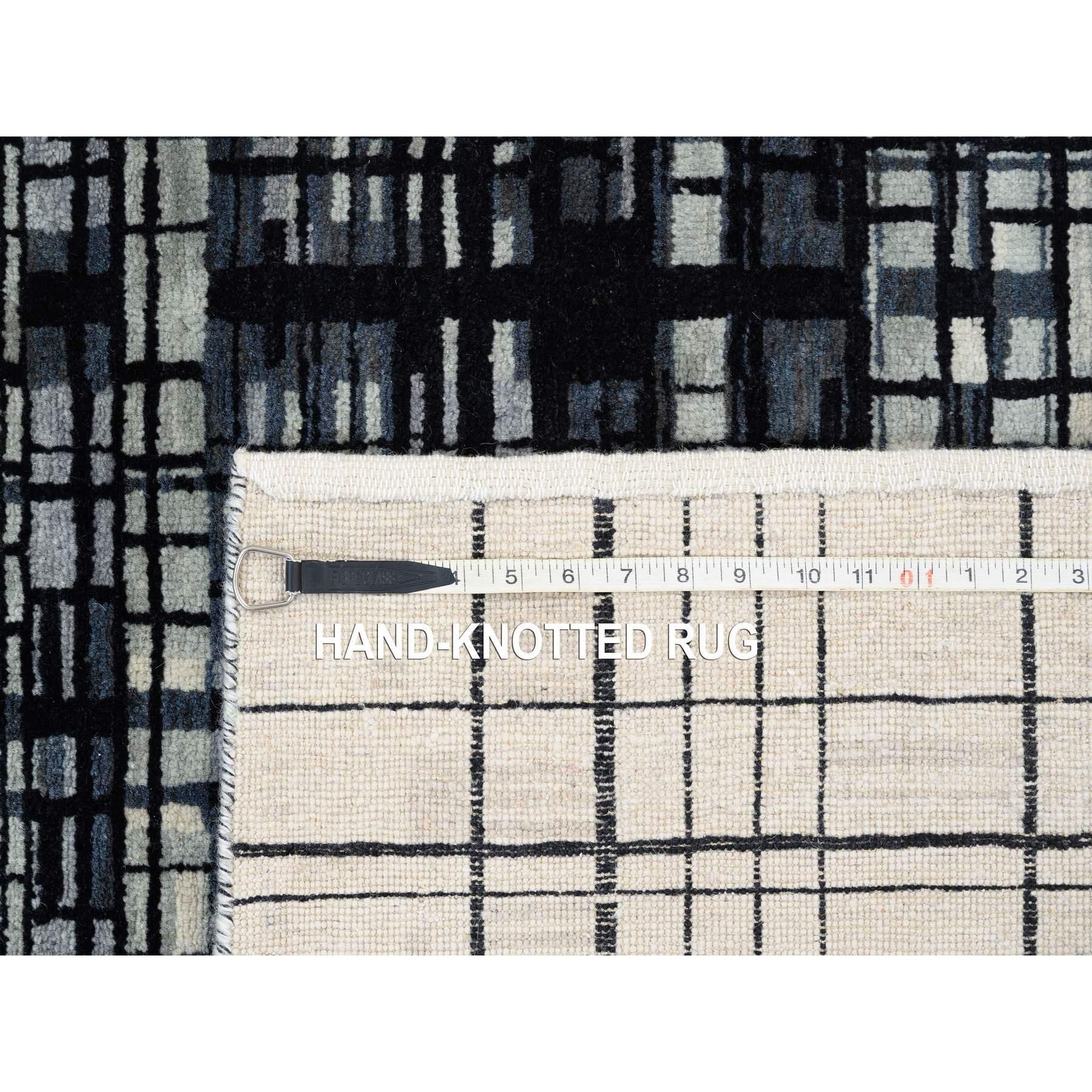 Black Modern Lines Design Ghazni Wool Hand Knotted Oriental Rugs 8'2