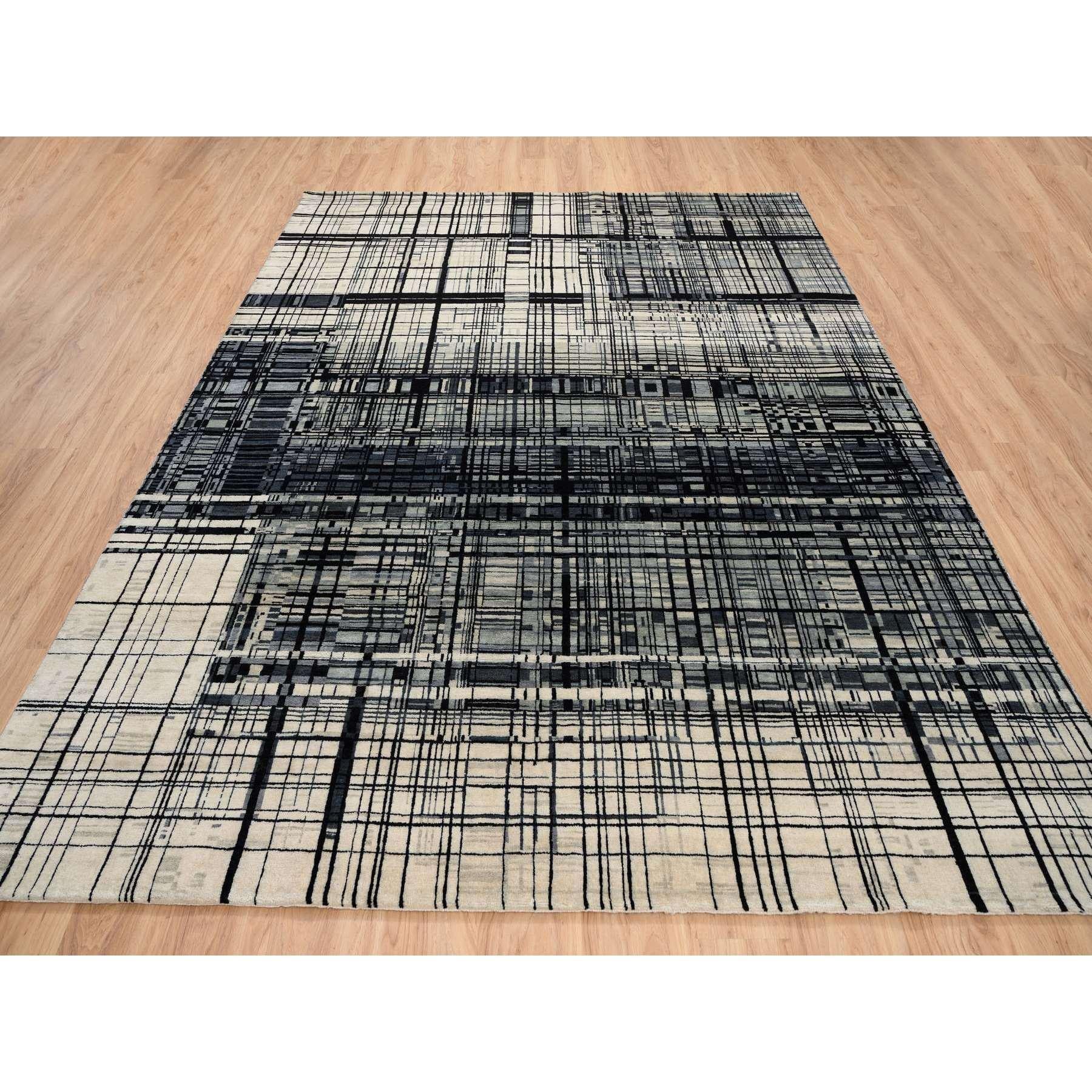 Moderno Black Modern Lines Design Ghazni Wool Hand Knotted Oriental Rugs 8'2