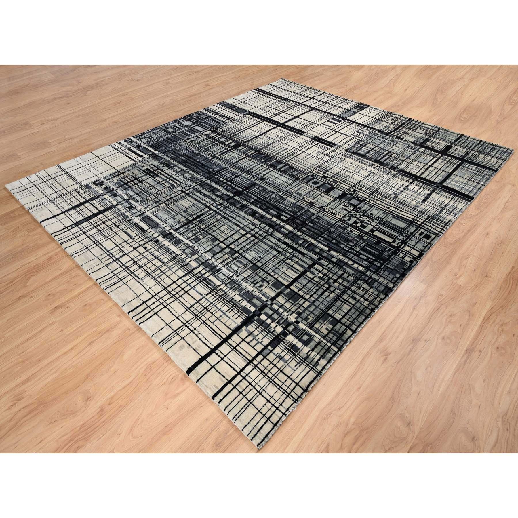 Indiano Black Modern Lines Design Ghazni Wool Hand Knotted Oriental Rugs 8'2