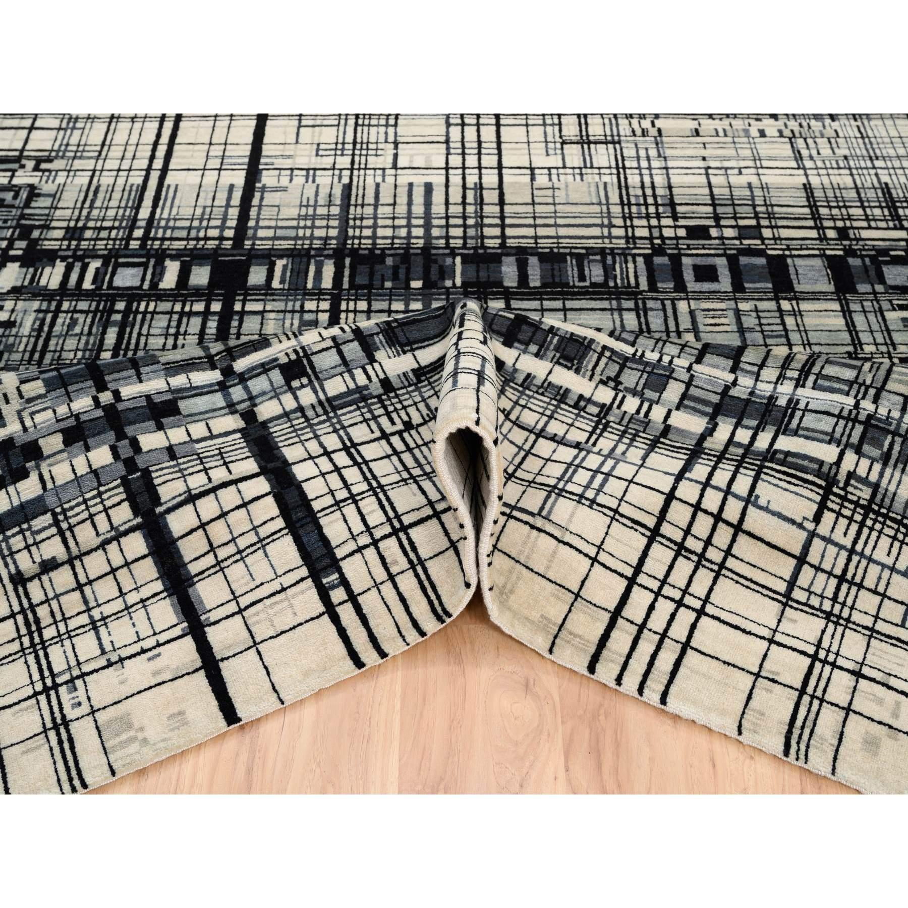Black Modern Lines Design Ghazni Wool Hand Knotted Oriental Rugs 8'2