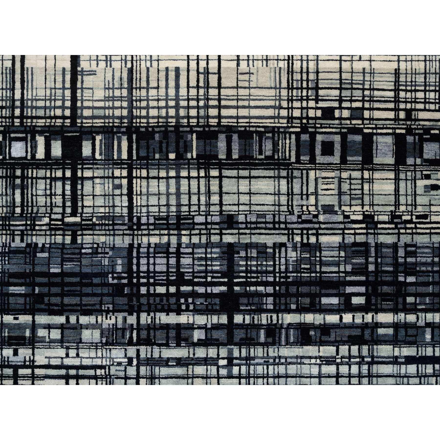 Black Modern Lines Design Ghazni Wool Hand Knotted Oriental Rugs 8'2