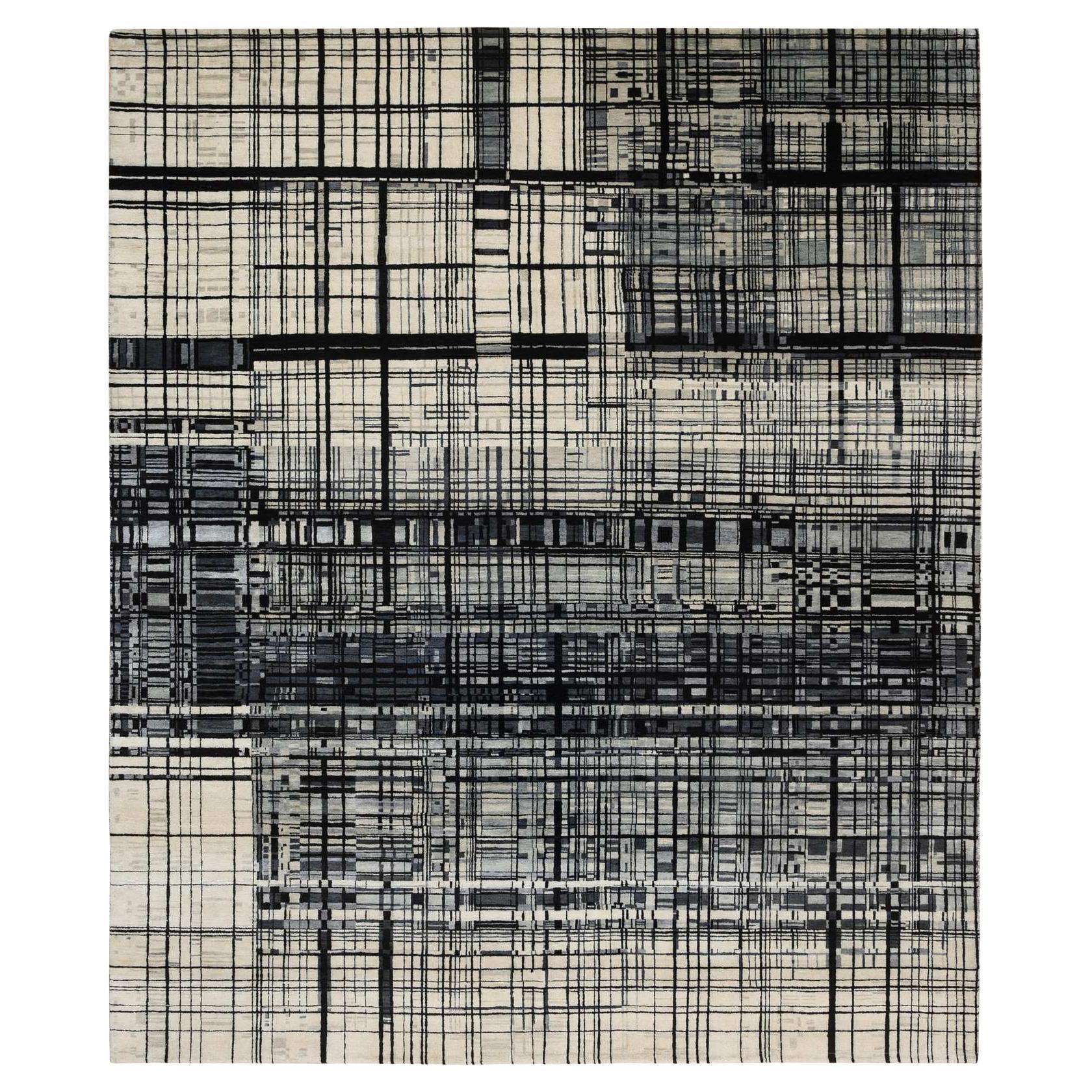 Black Modern Lines Design Ghazni Wool Hand Knotted Oriental Rugs 8'2" x 9'9" in vendita