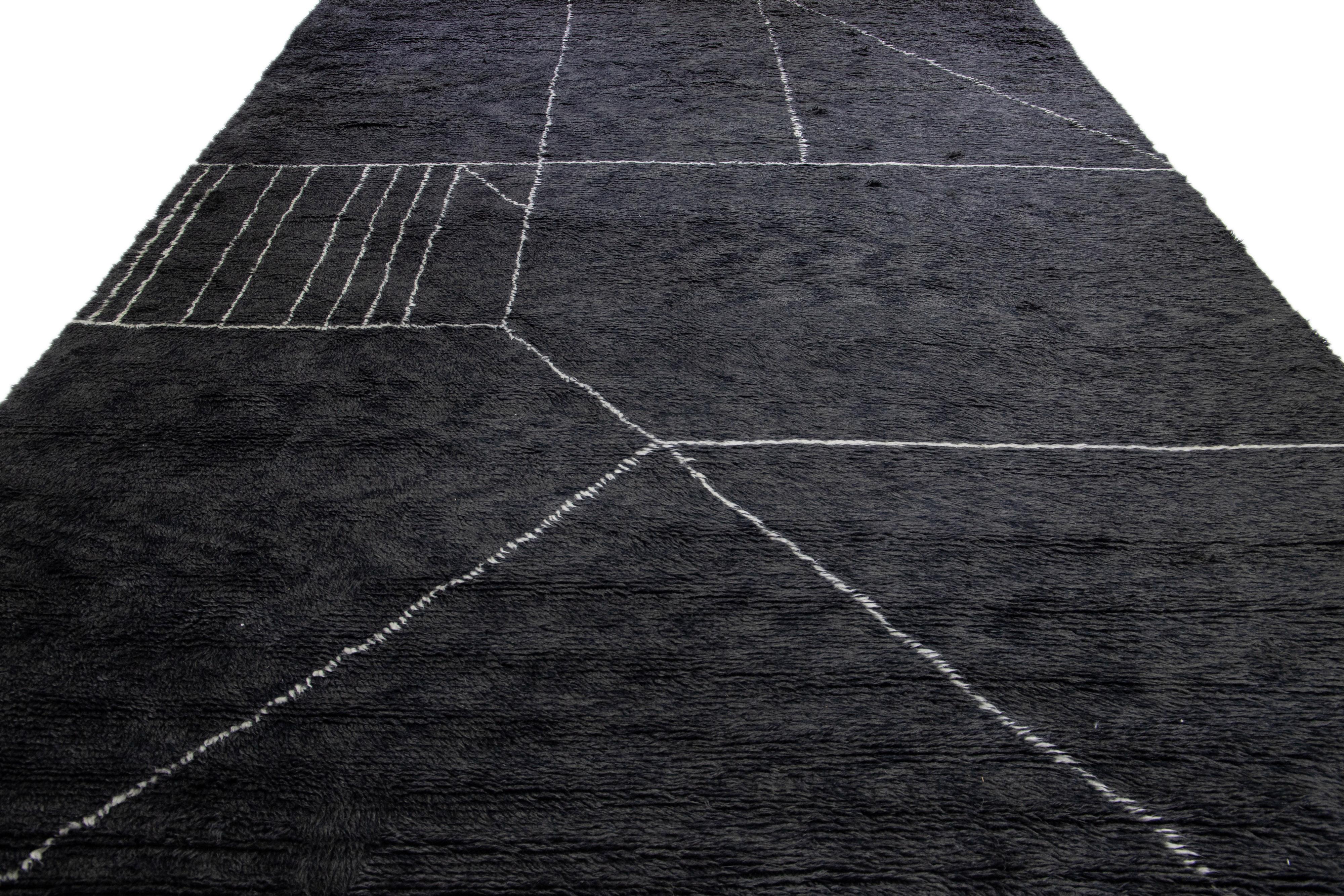 Bohemian Black Modern Moroccan Style Handmade Abstract Pattern Wool Rug by Apadana For Sale
