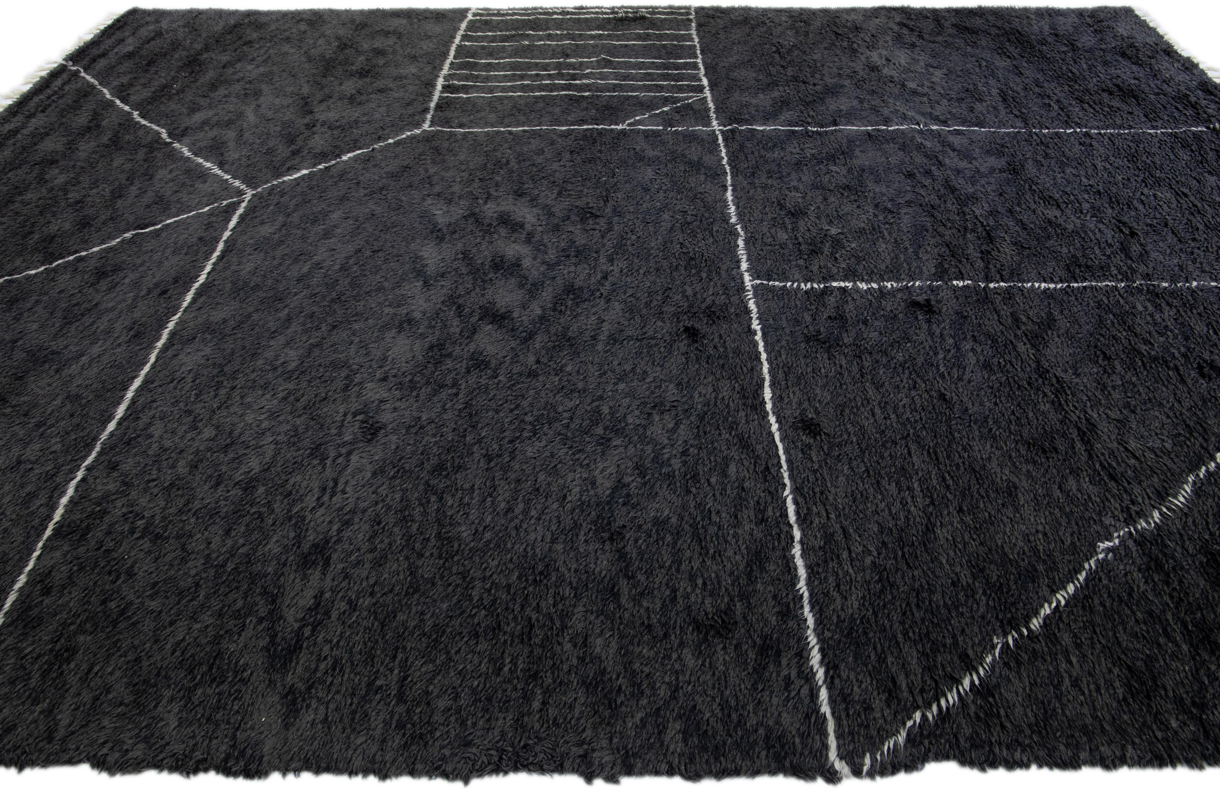Hand-Knotted Black Modern Moroccan Style Handmade Abstract Pattern Wool Rug by Apadana  For Sale