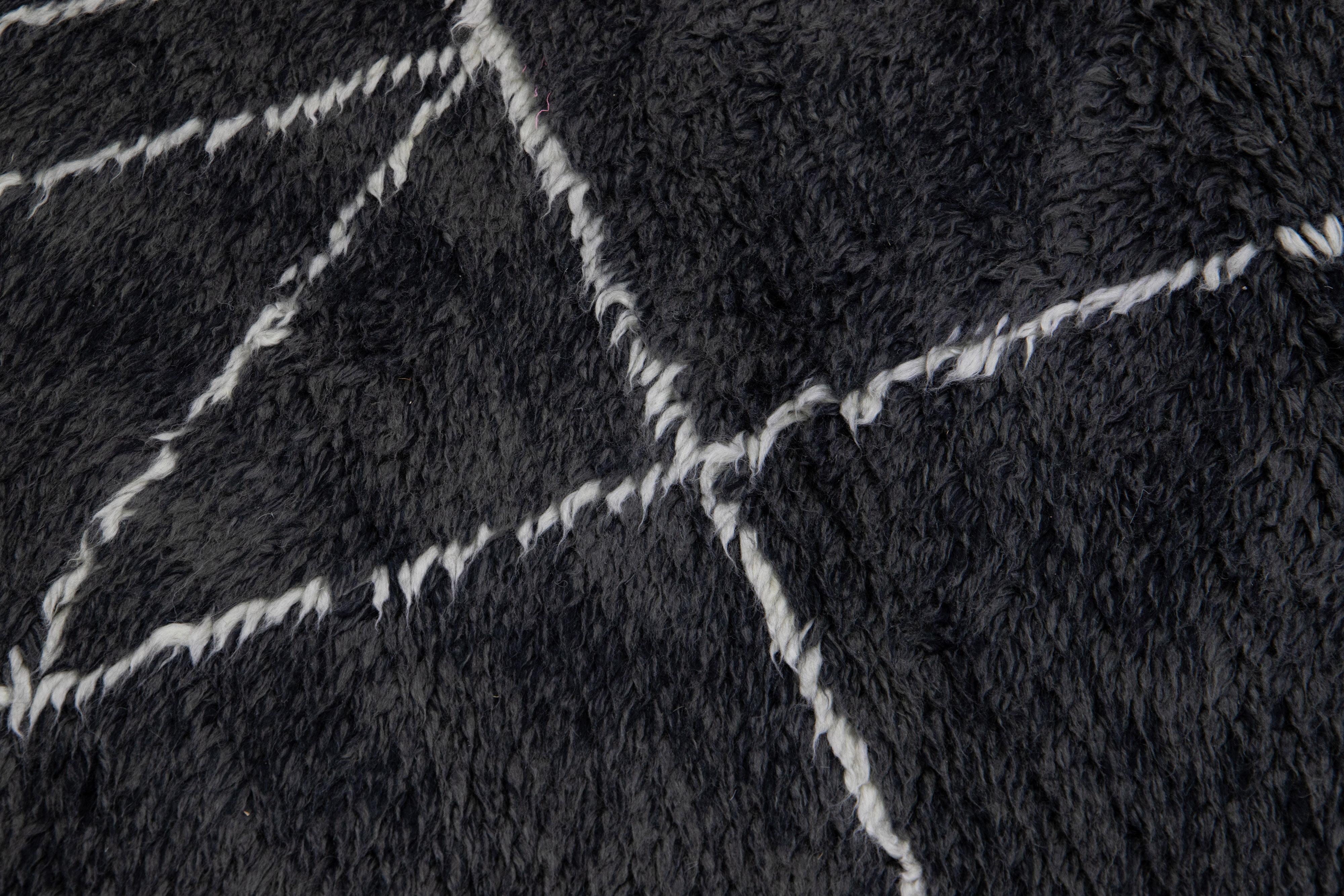 Black Modern Moroccan Style Handmade Abstract Pattern Wool Rug by Apadana  For Sale 2