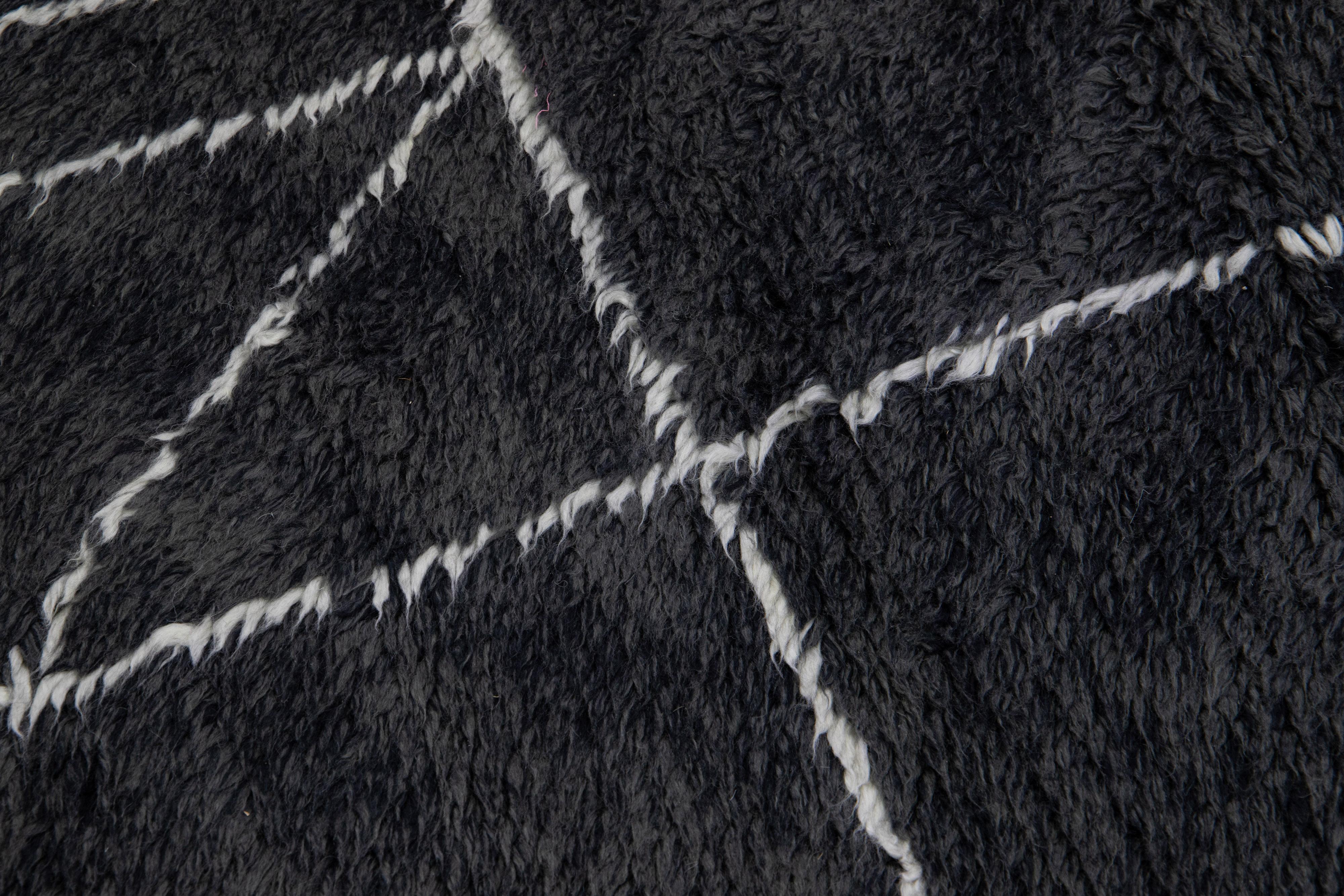 Black Modern Moroccan Style Handmade Abstract Pattern Wool Rug by Apadana For Sale 2