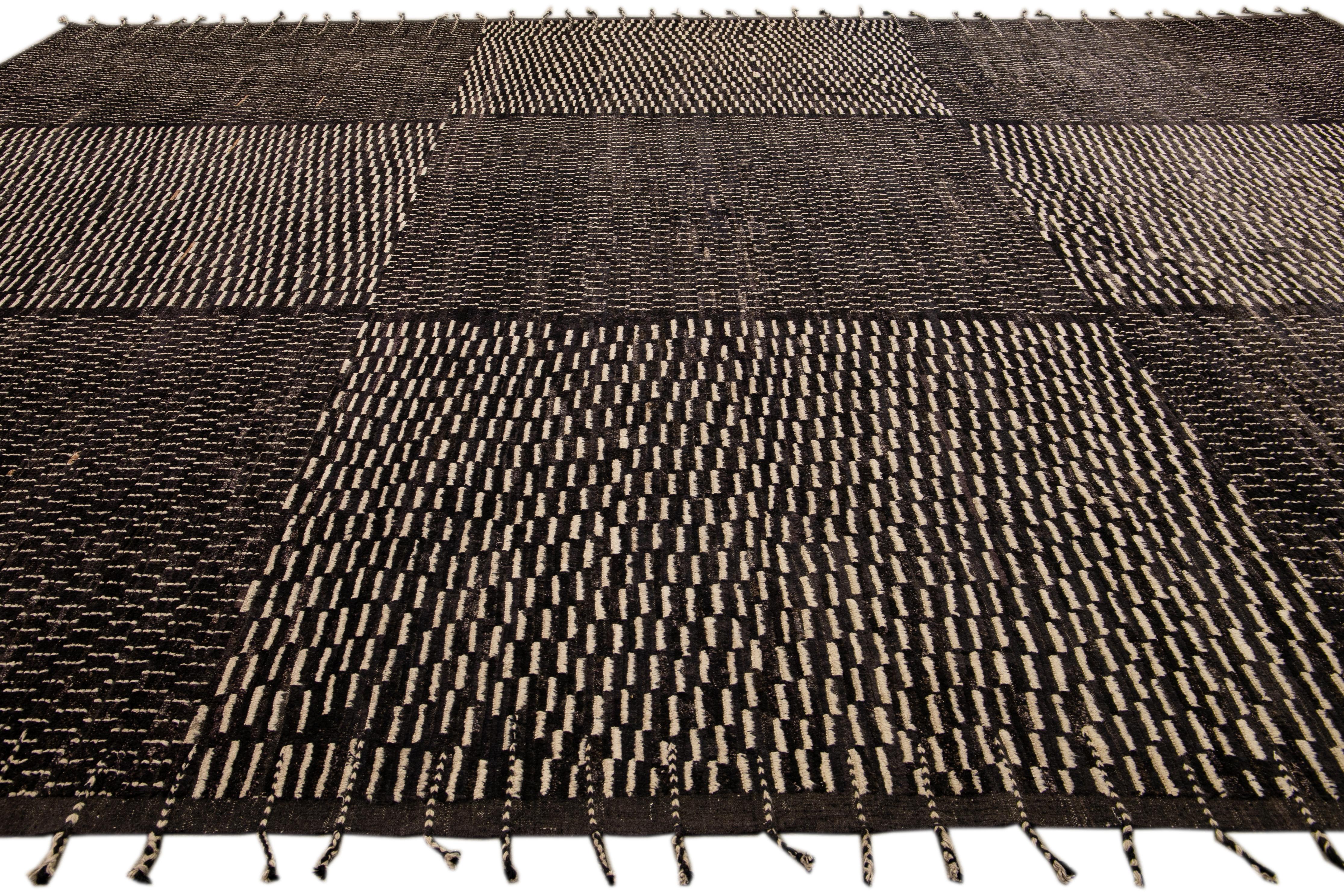 Hand-Knotted Black Modern Moroccan Style Handmade Check Flecked Motif Oversize Wool Rug For Sale