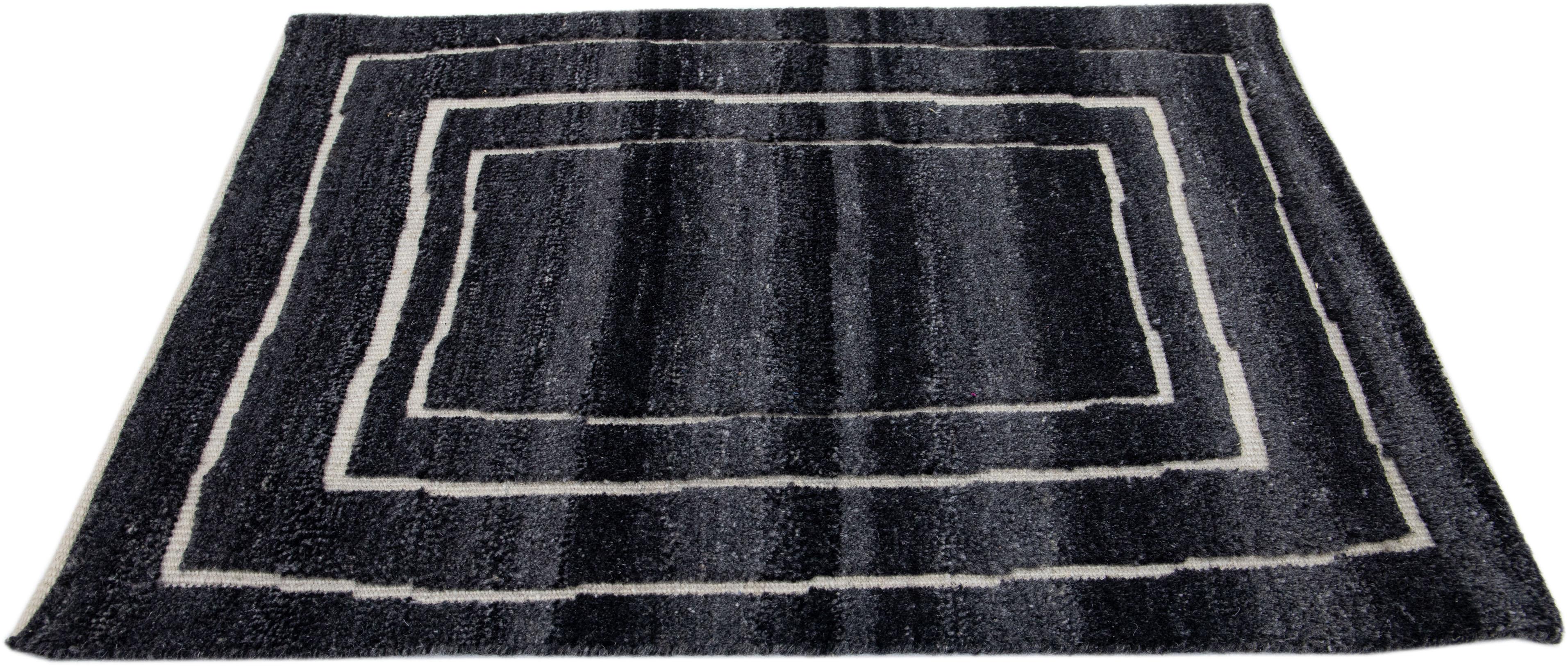 Indian Black Modern Moroccan Style Handmade Custom Wool Rug For Sale