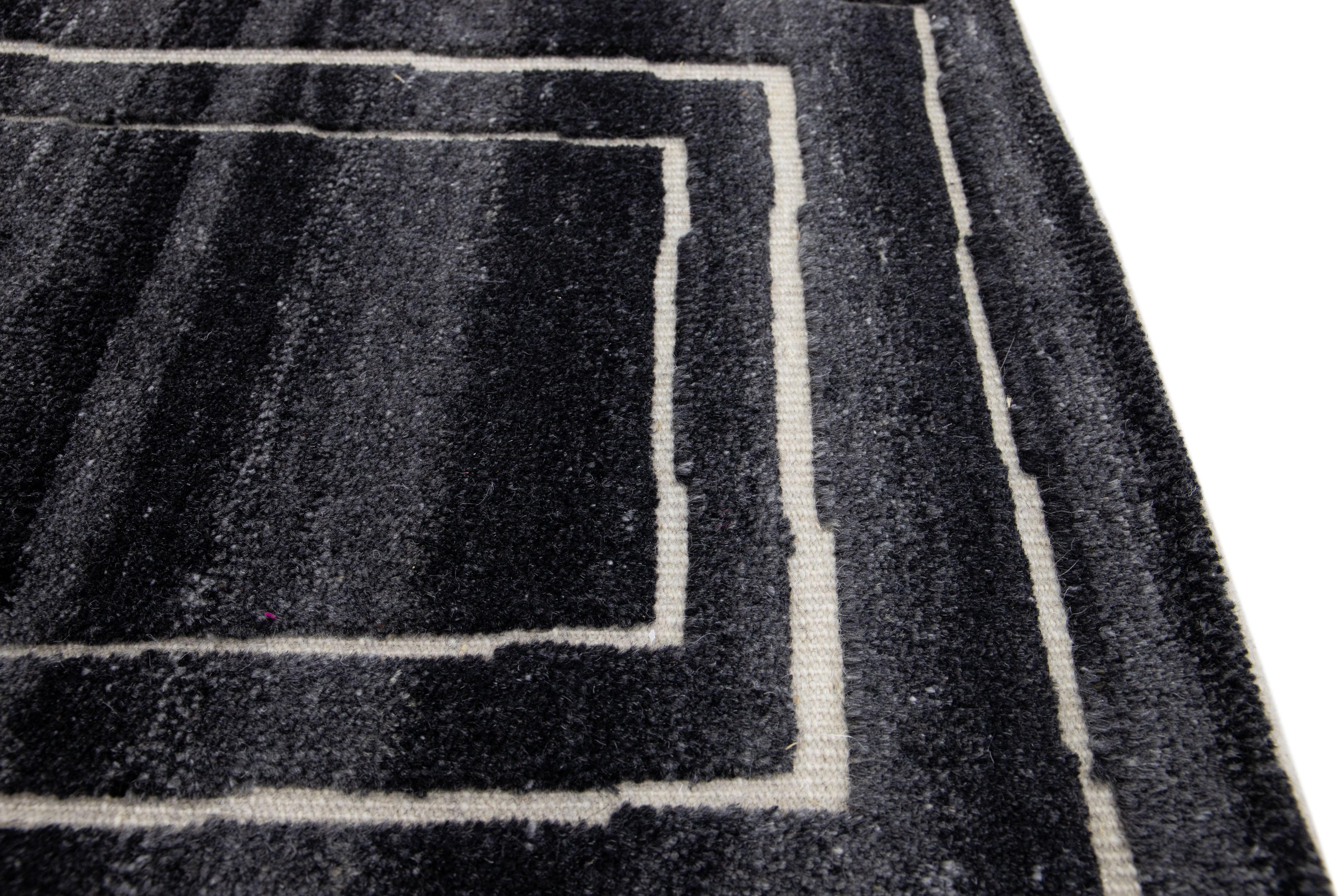 Hand-Knotted Black Modern Moroccan Style Handmade Custom Wool Rug For Sale